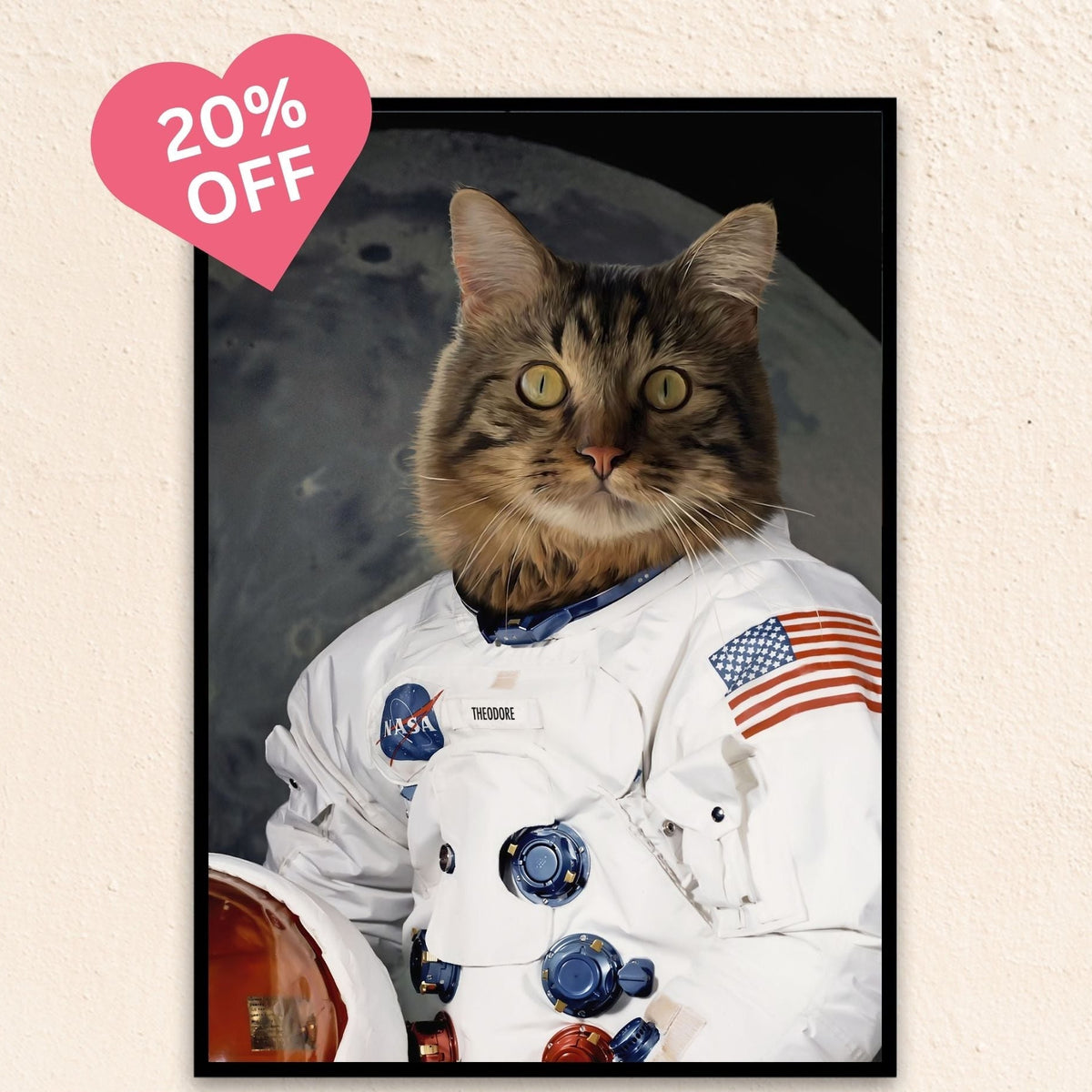 Custom funny cat portrait wall art. Tortoise shell cat wearing an astronaut suit.