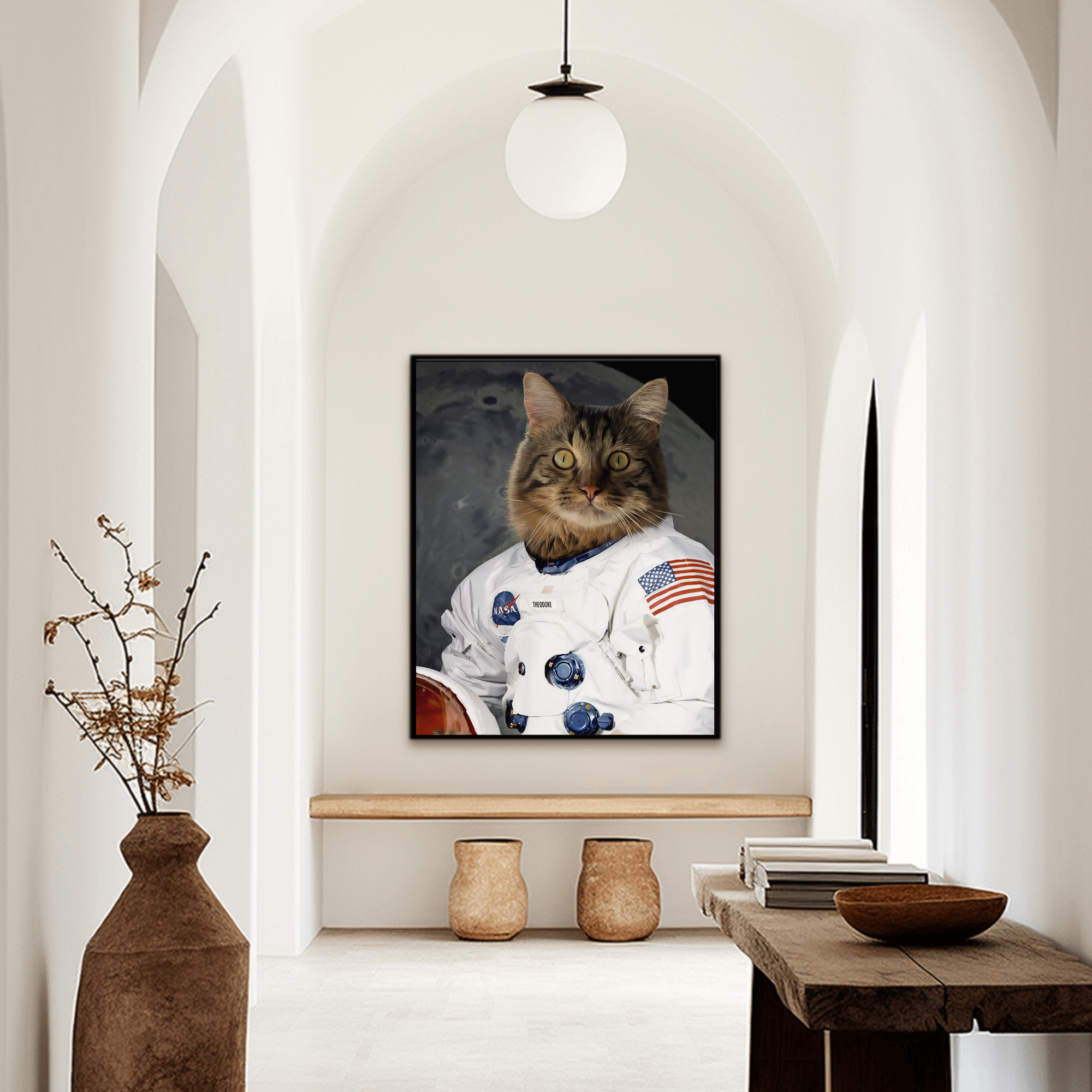 Custom funny cat portrait hallway wall art. Tortoise shell cat wearing an astronaut suit.