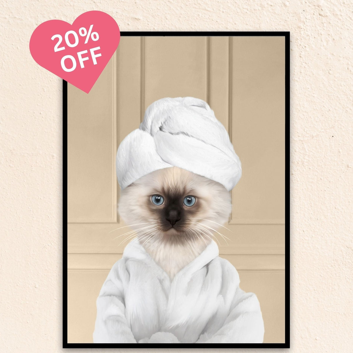 Custom beige cat portrait featuring a pampered feline wrapped in a bathrobe and towel.