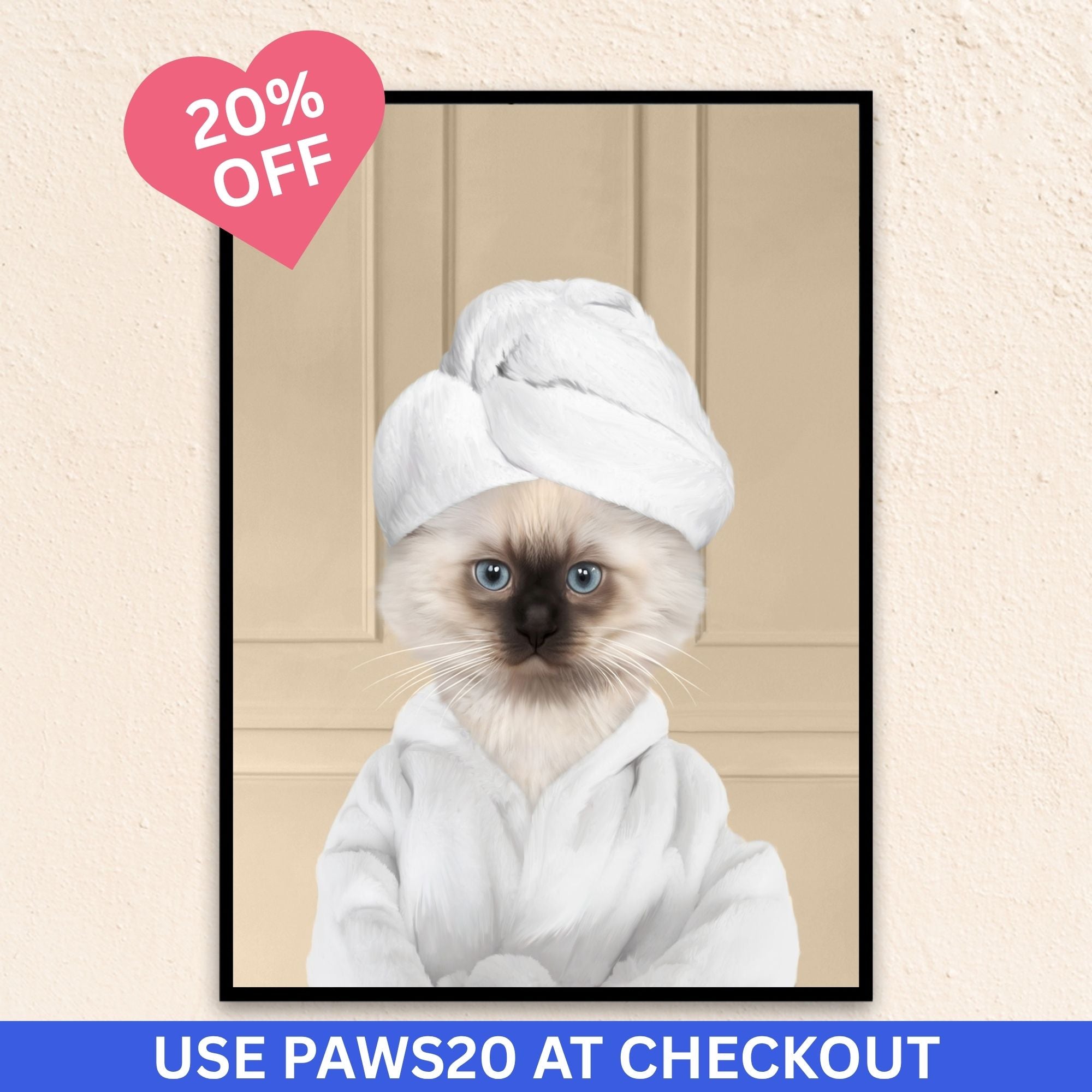 Custom bathroom cat  portrait, Siamese kitten puppy in bathrobe and towel at spa.