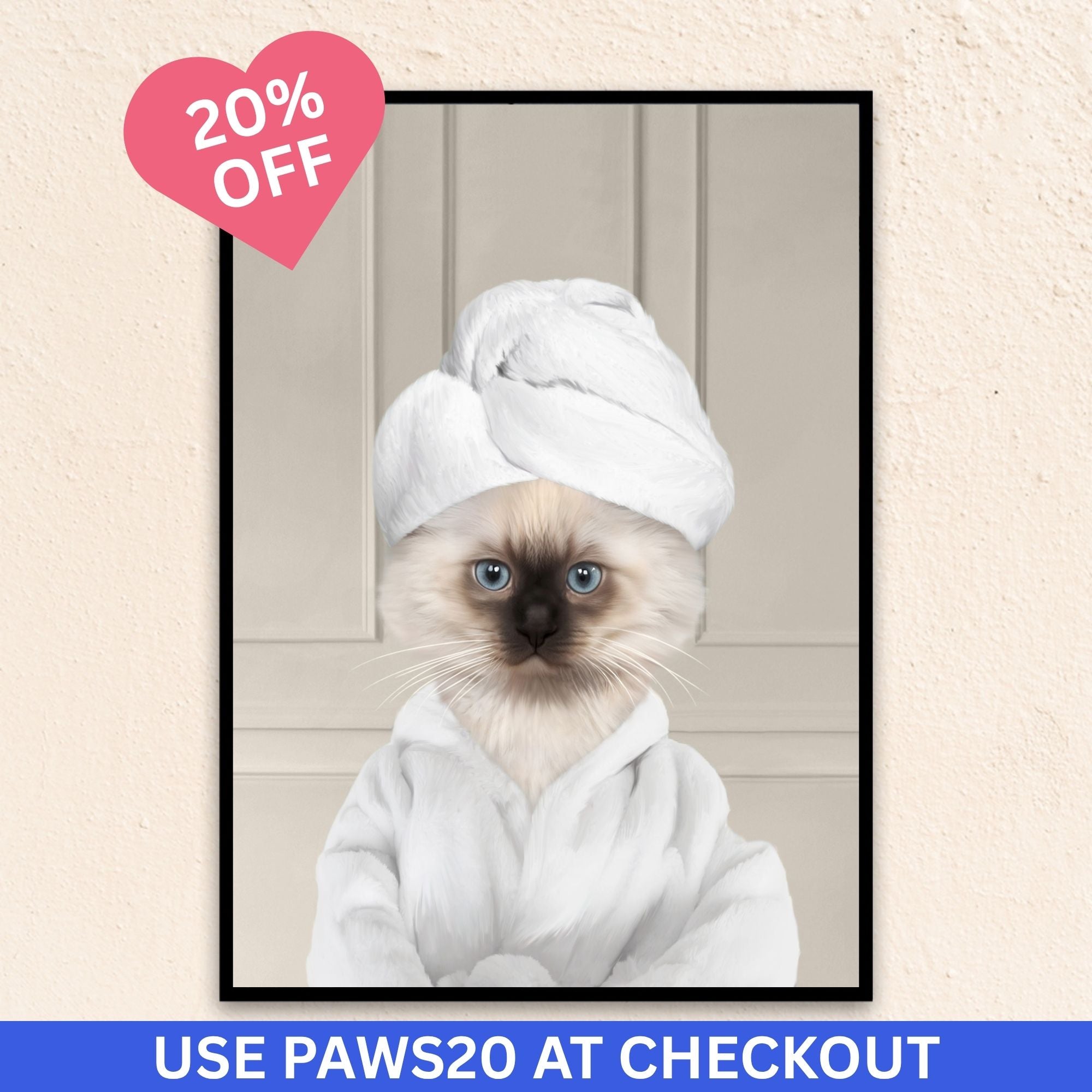 Custom bathroom cat  portrait, Siamese kitten puppy in bathrobe and towel at spa.