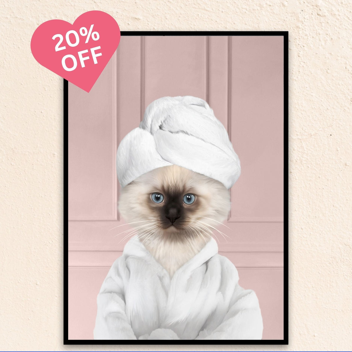 Soft pink background cat portrait of a pampered feline styled in a bathrobe and towel.