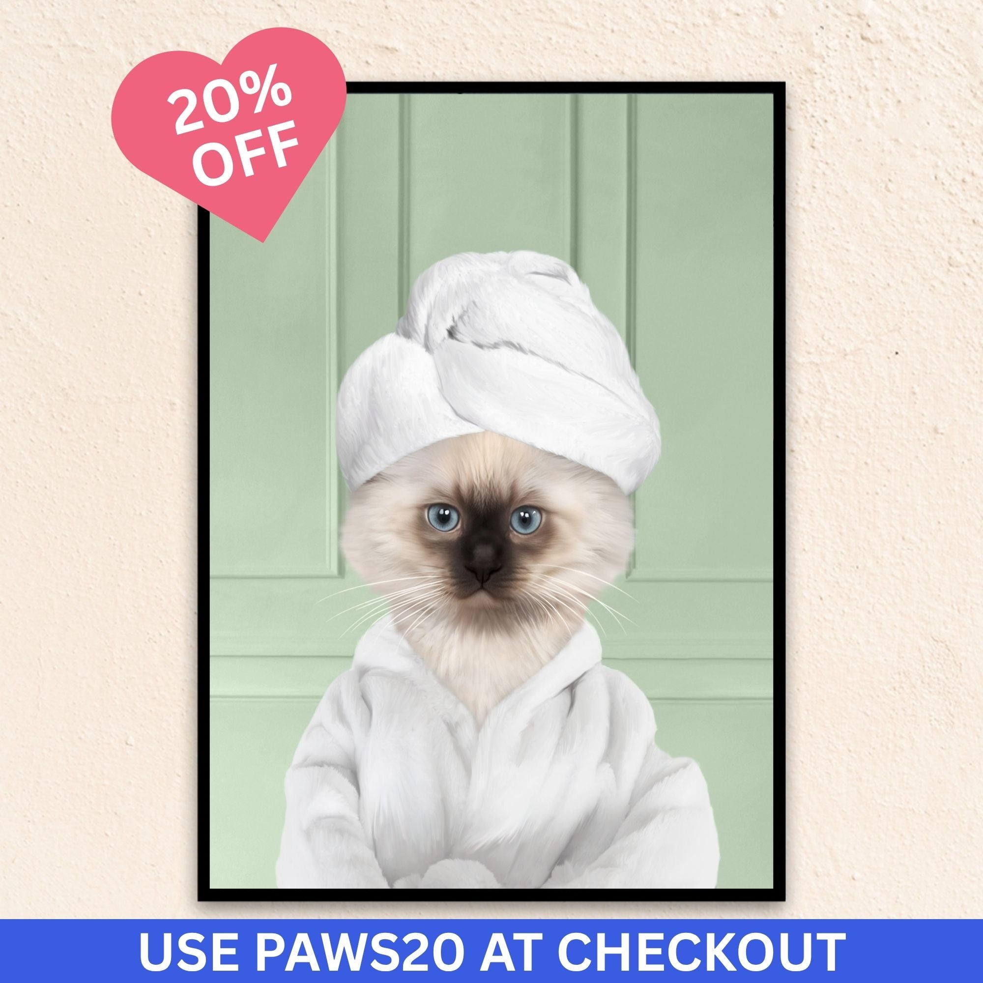 Custom bathroom cat  portrait, Siamese kitten puppy in bathrobe and towel at spa.