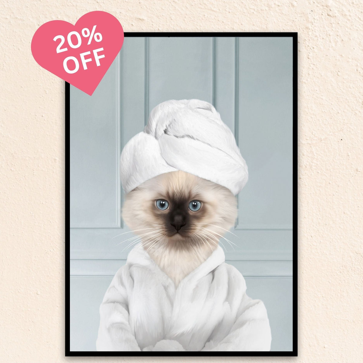 Whimsical cat portrait showing a pet enjoying spa time in a cozy bathrobe.