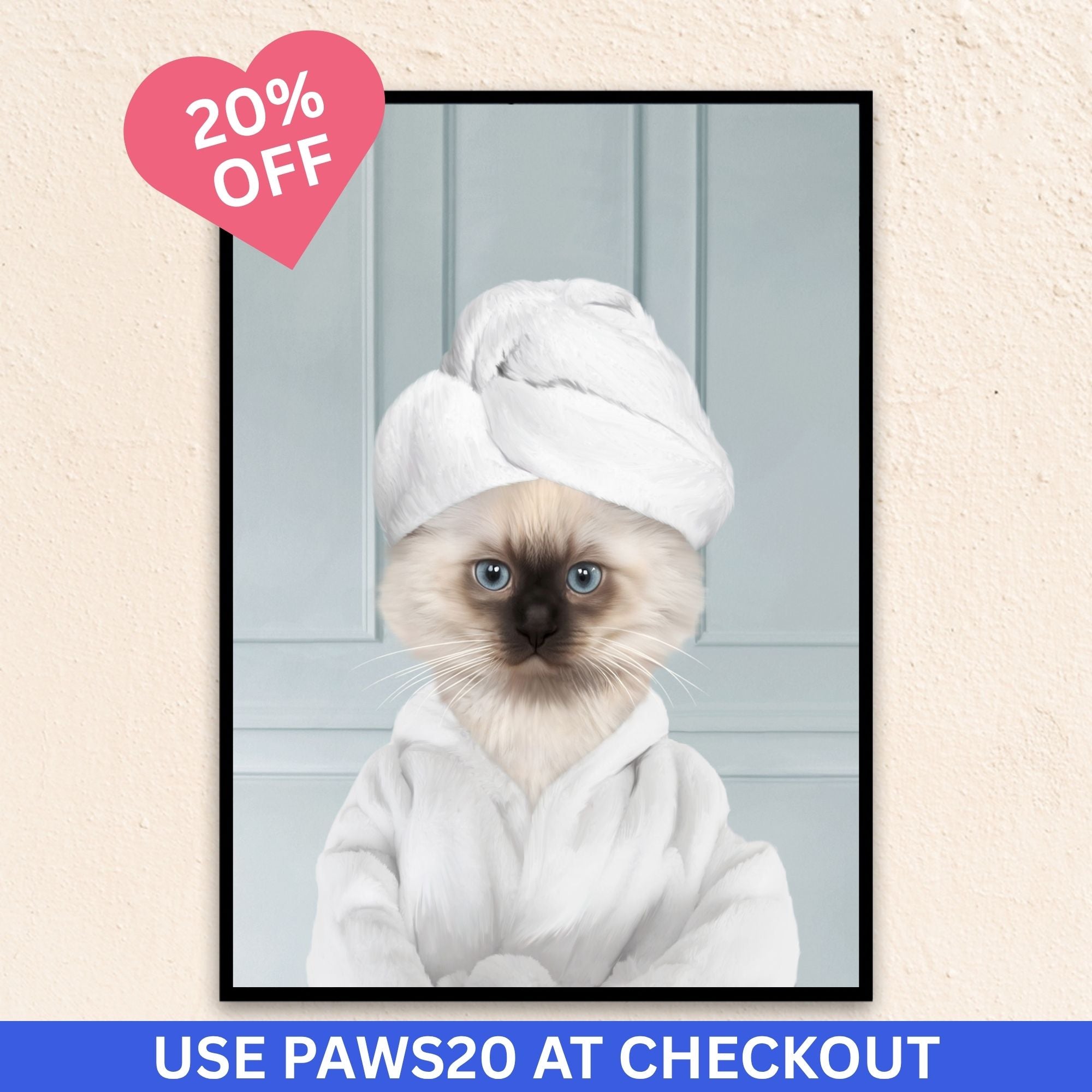 Custom bathroom cat  portrait, Siamese kitten puppy in bathrobe and towel at spa.