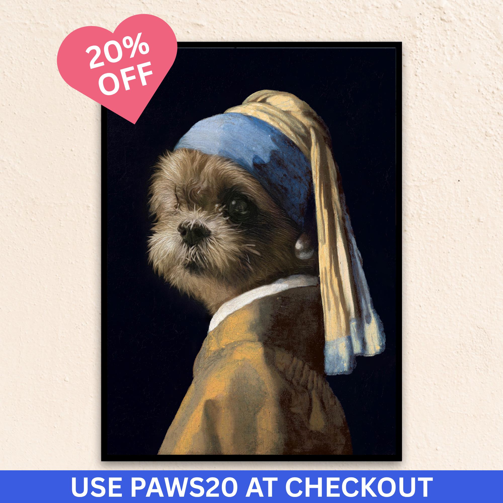 Custom Royal dog portrait wall art. Shih Tzu artwork Girl with the Pearl Earring.