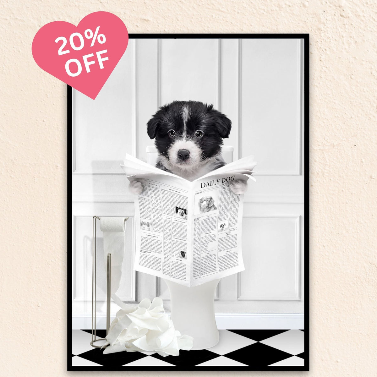 Custom Bathroom Dog Portrait I Reading A Newspaper - White