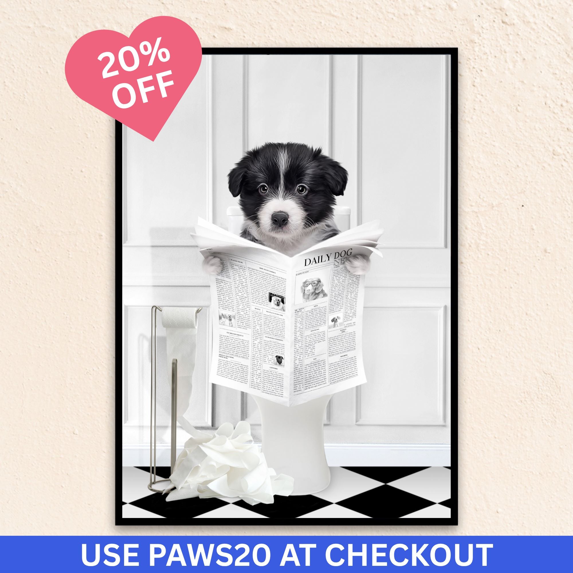 Custom Bathroom Pet Portrait | Reading A Newspaper - White