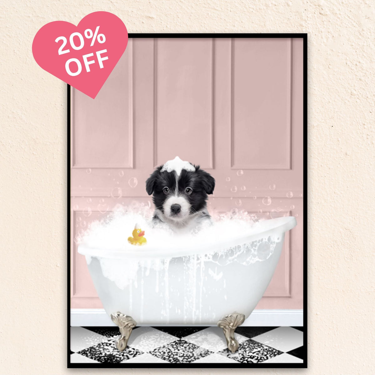Custom Bathroom Art Pet Portrait | In The Bath Tub - Pink