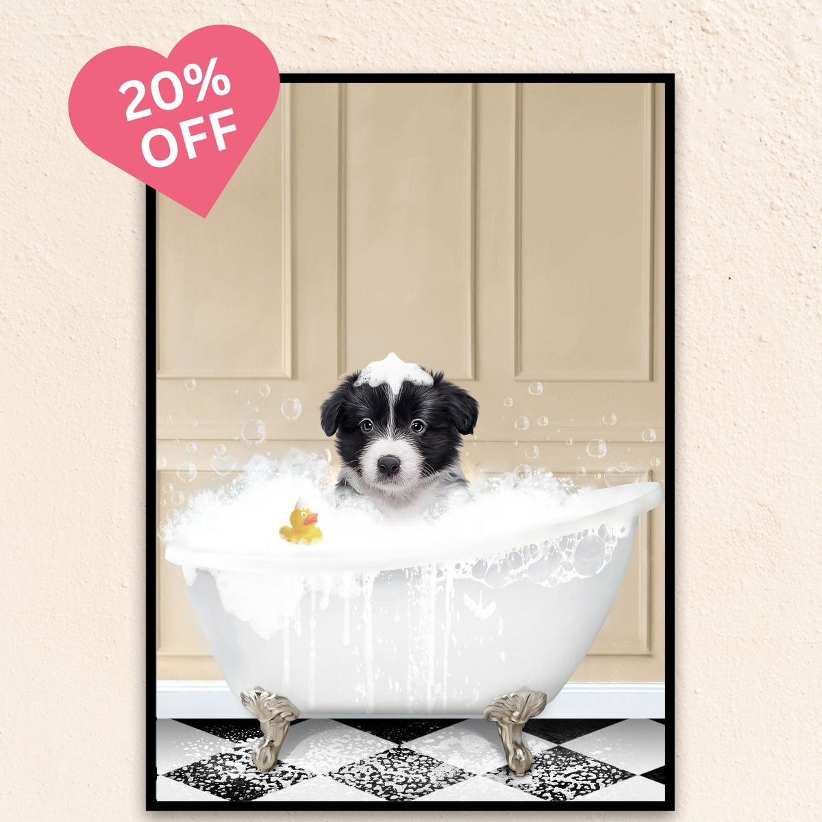 Custom Bathroom Art Dog Portrait I In The Bath Tub Beige