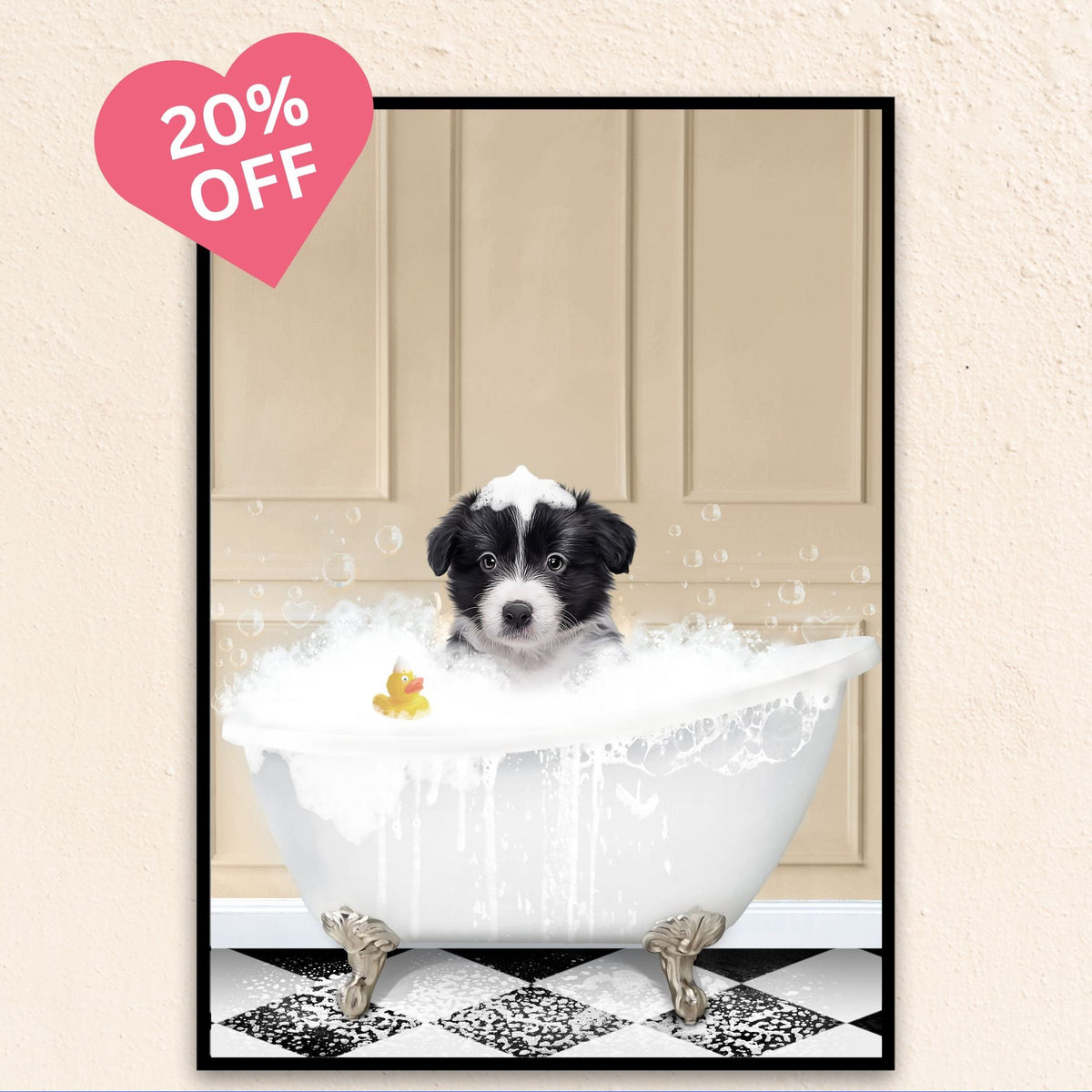 Custom Bathroom Art Pet Portrait | In The Bath Tub Beige