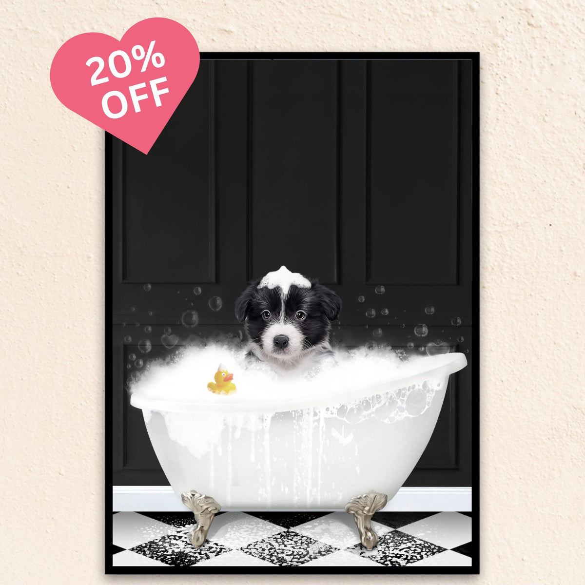Custom funny pet portrait wall art, Border Collie puppy in bath tub with rubber duckie and black and white checker tiled floor.