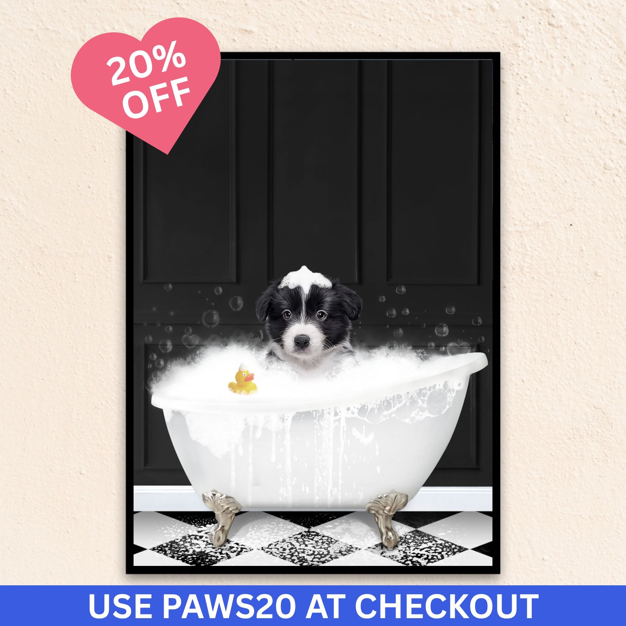 Custom funny pet portrait wall art, Border Collie puppy in bath tub with rubber duckie and black and white checker tiled floor.
