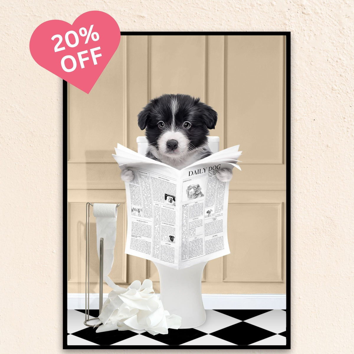 Custom Bathroom Art Pet Portrait | Reading A Newspaper - Beige