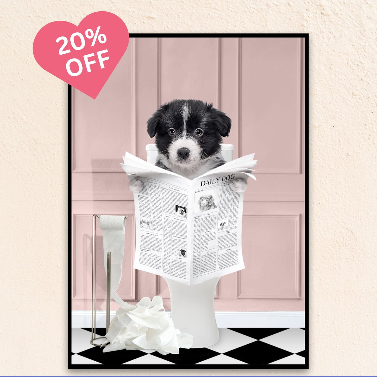 Custom Bathroom Art Pet Portrait | Reading A Newspaper - Pink