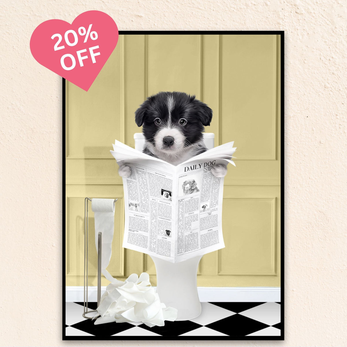 Custom Bathroom Art Pet Portrait | Reading A Newspaper - Yellow