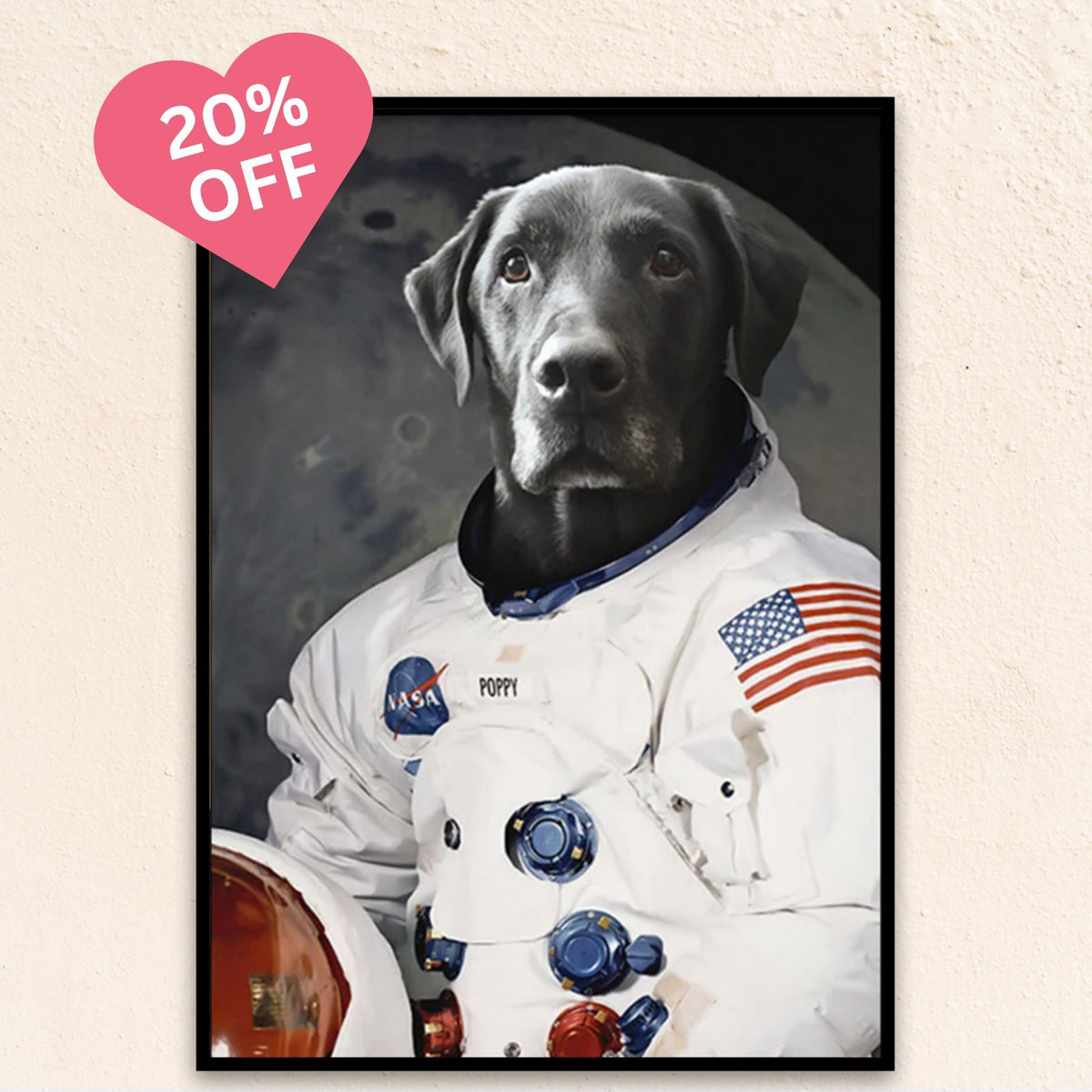 Custom pet portrait wall art. Labrador Retriever dog wearing an astronaut suit.