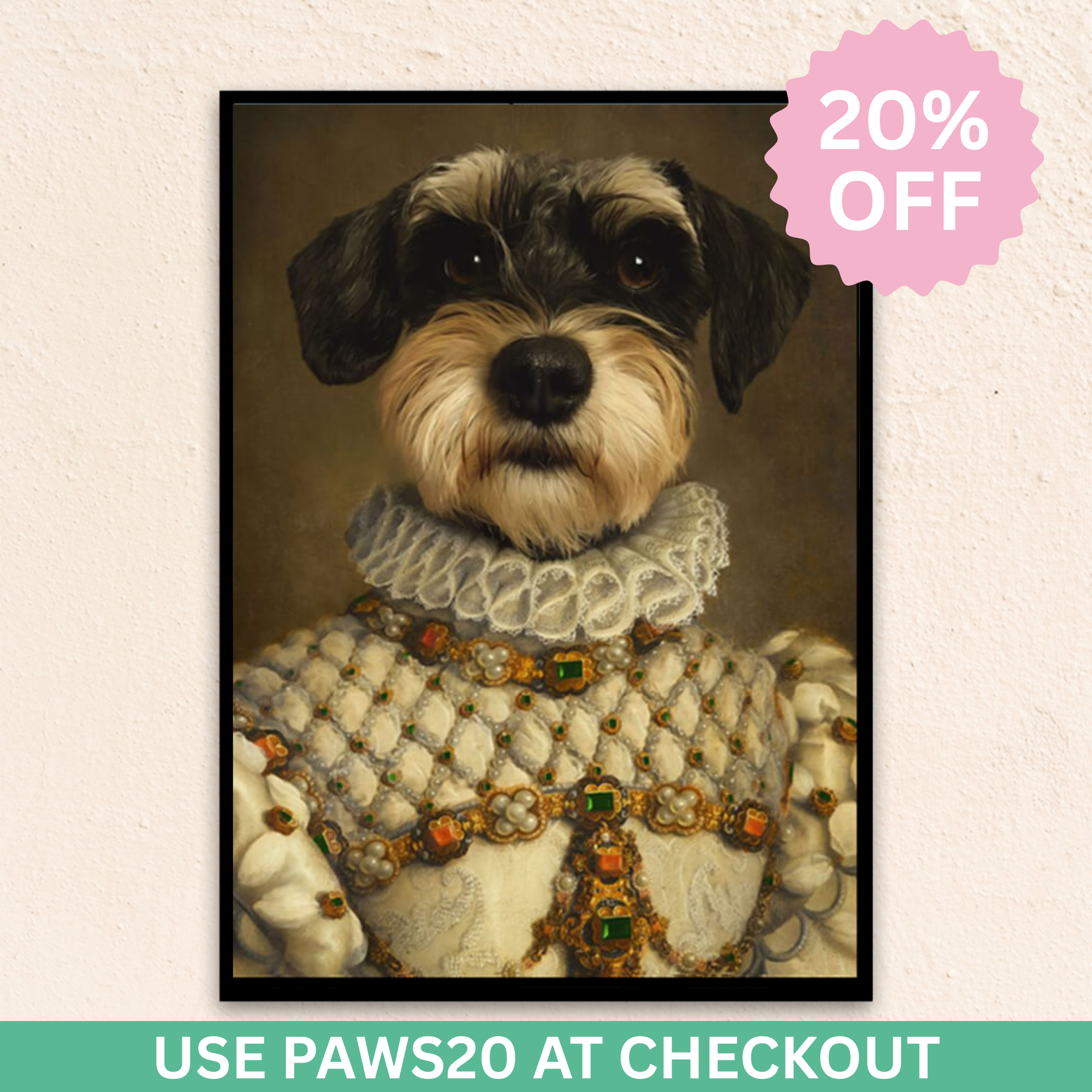 Custom funny dog portrait wall art. Ginger Tabby cat wearing a regal dress with pearls and ruby gems.