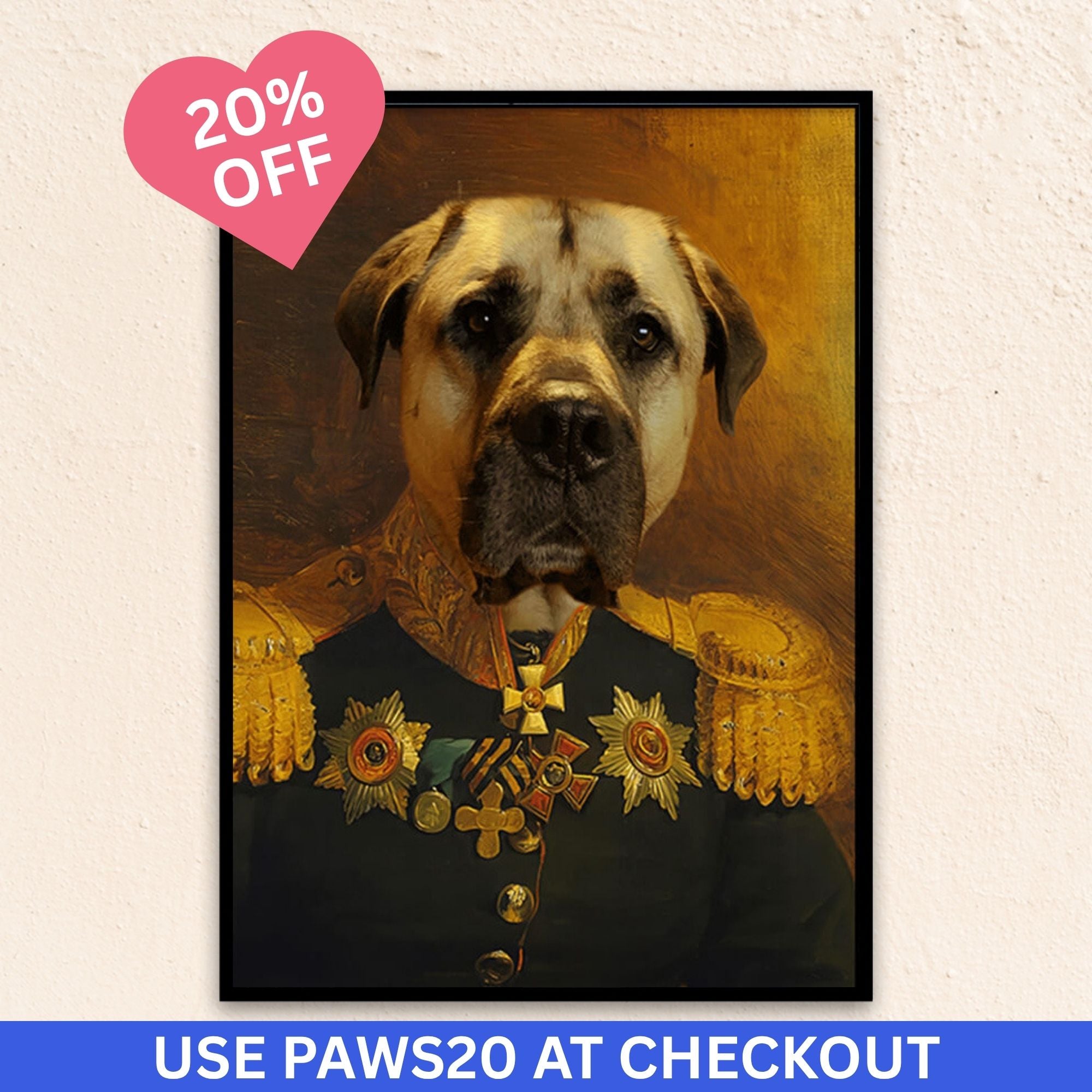 Custom Military pet portrait wall art. Dog in military costume with medals.