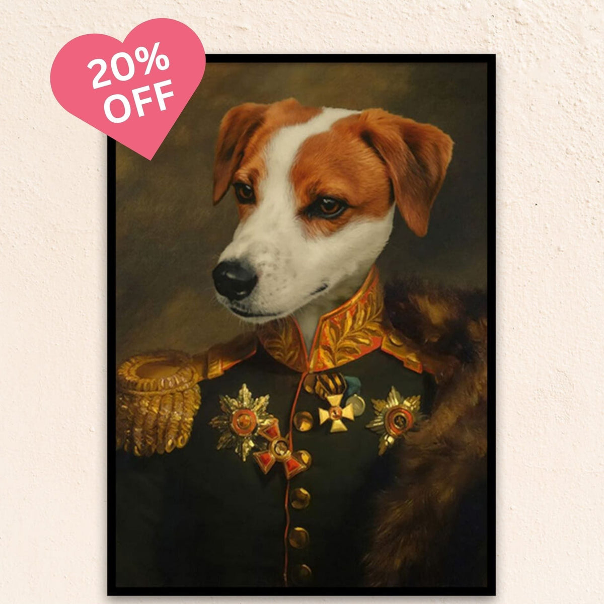Custom military pet portrait wall art.  English Fox Hound in royal military costume with fur over shoulder. 