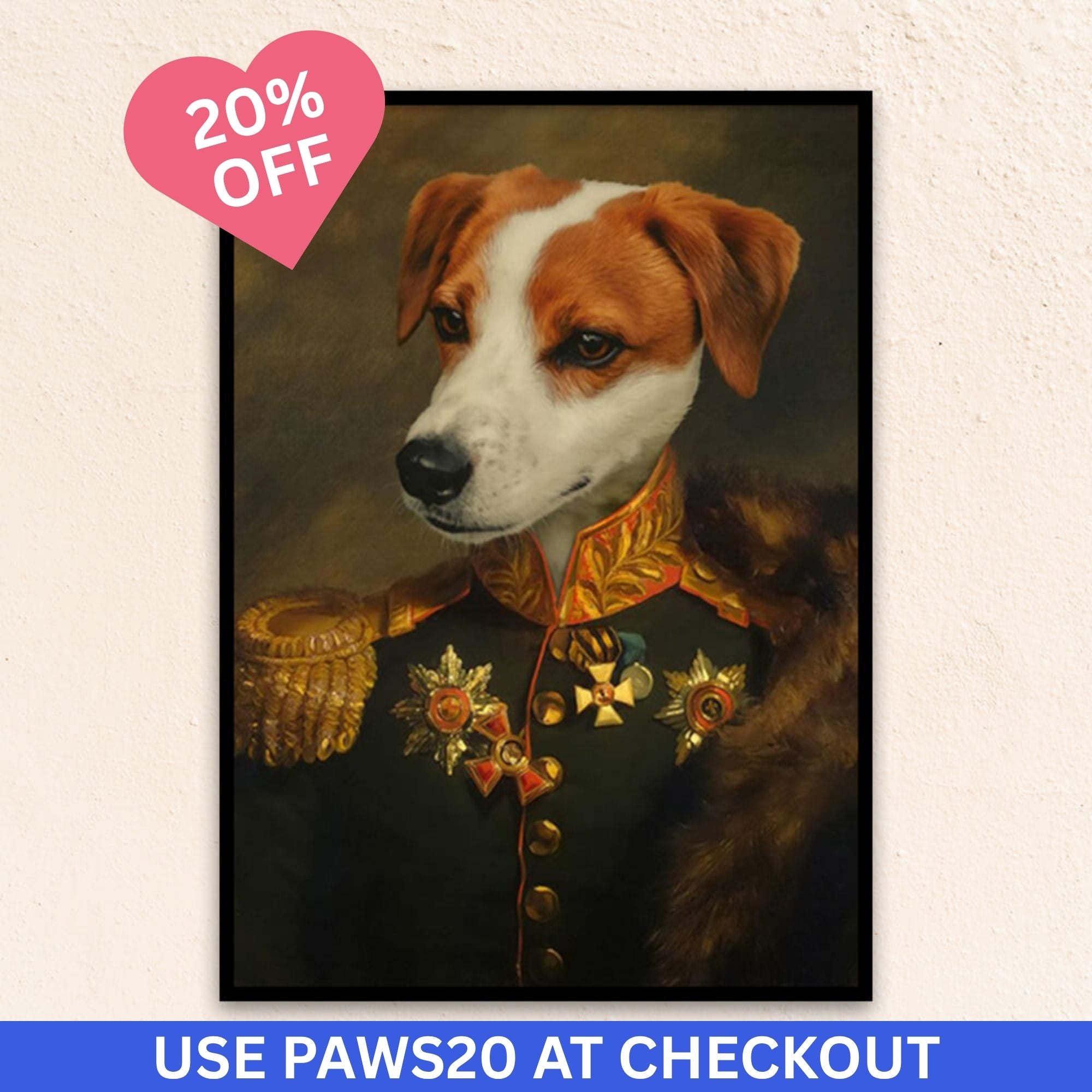 Custom military pet portrait wall art.  English Fox Hound in royal military costume with fur over shoulder. 