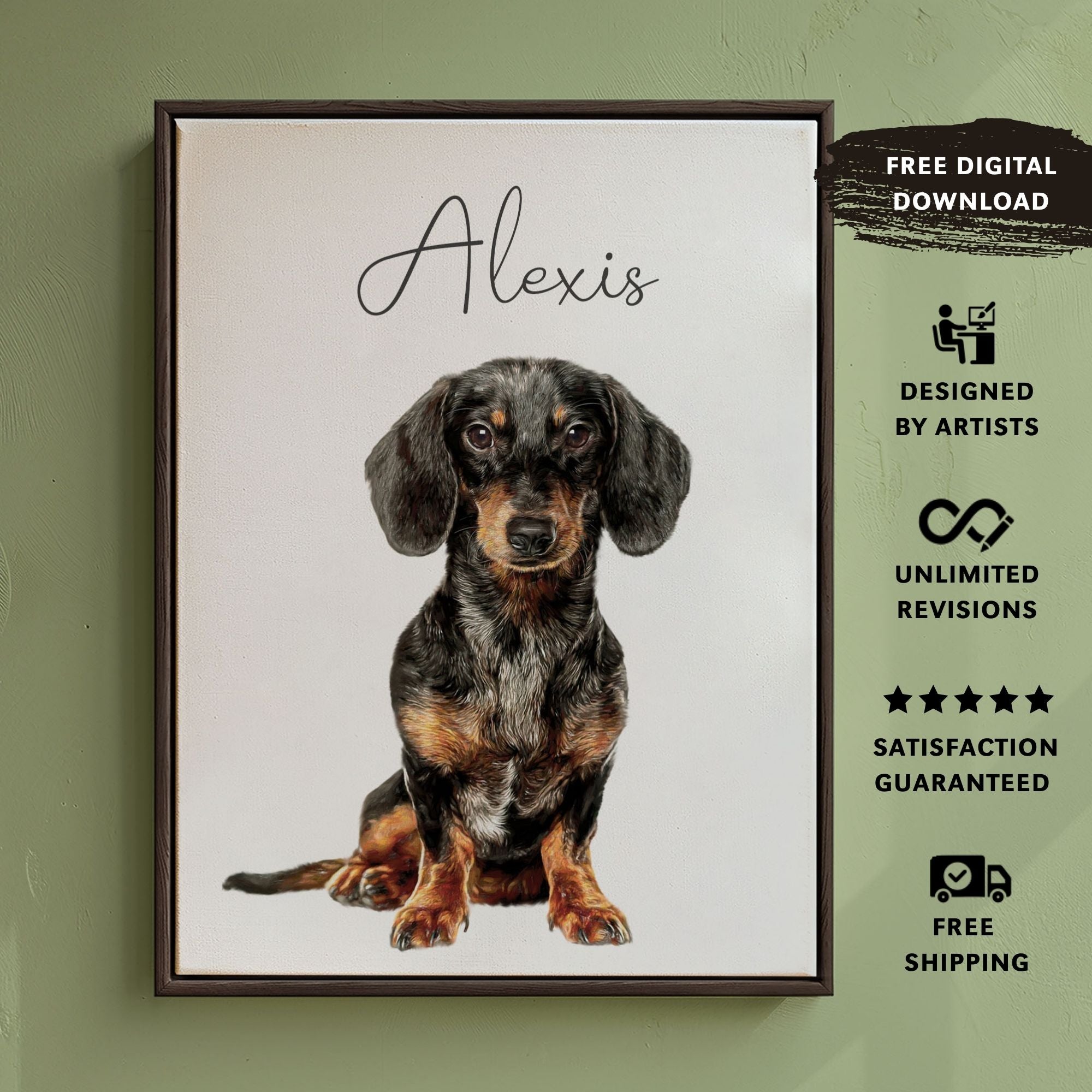 Custom portrait of a dog created by real artists, capturing its personality.