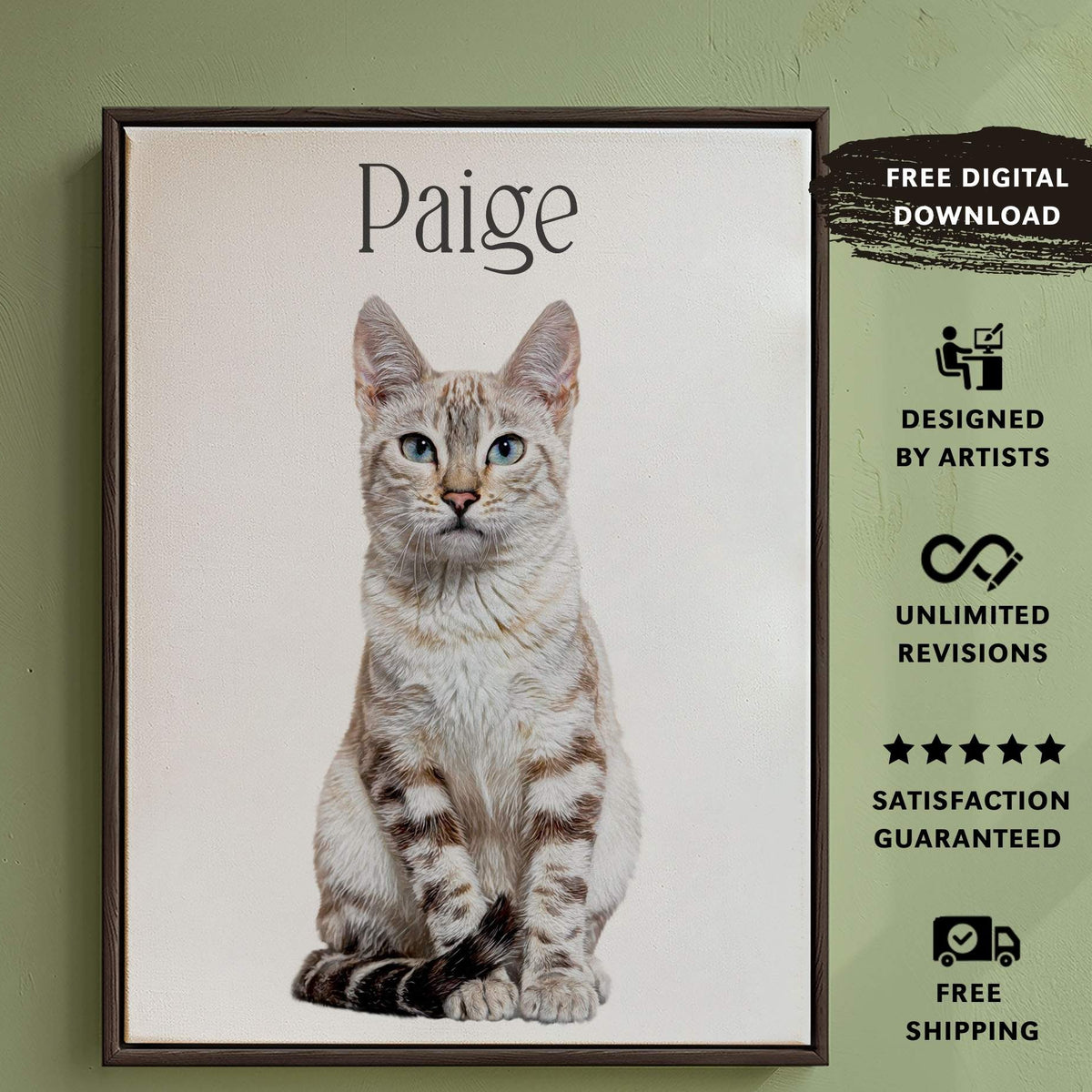 Custom cat portrait of a white and dark brown stripped cat with blue eyes. The pet's name can be customized to be at the top of the frame.