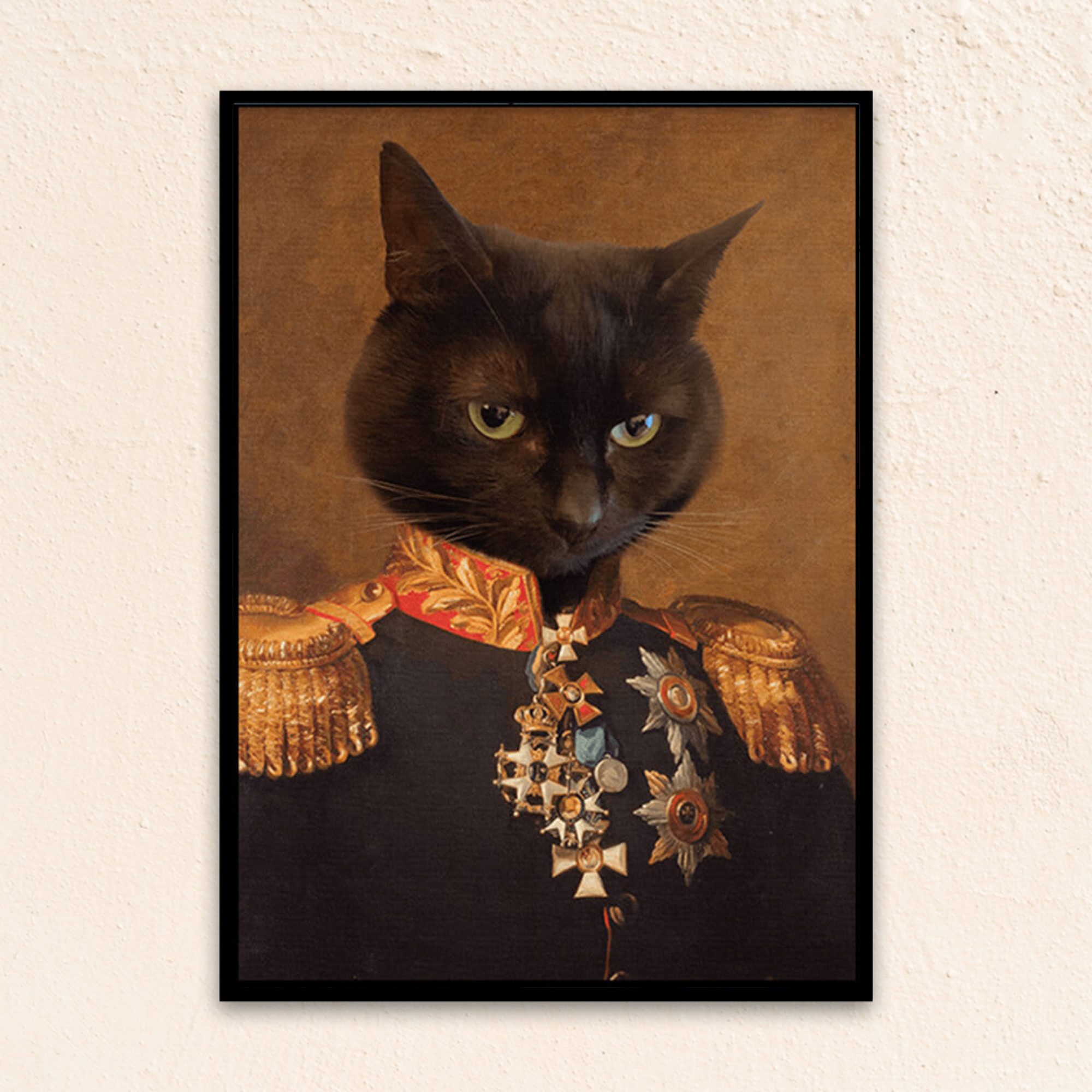 Custom military pet portrait wall art. Black cat wearing regal general suit, with red and gold collar and medals. 