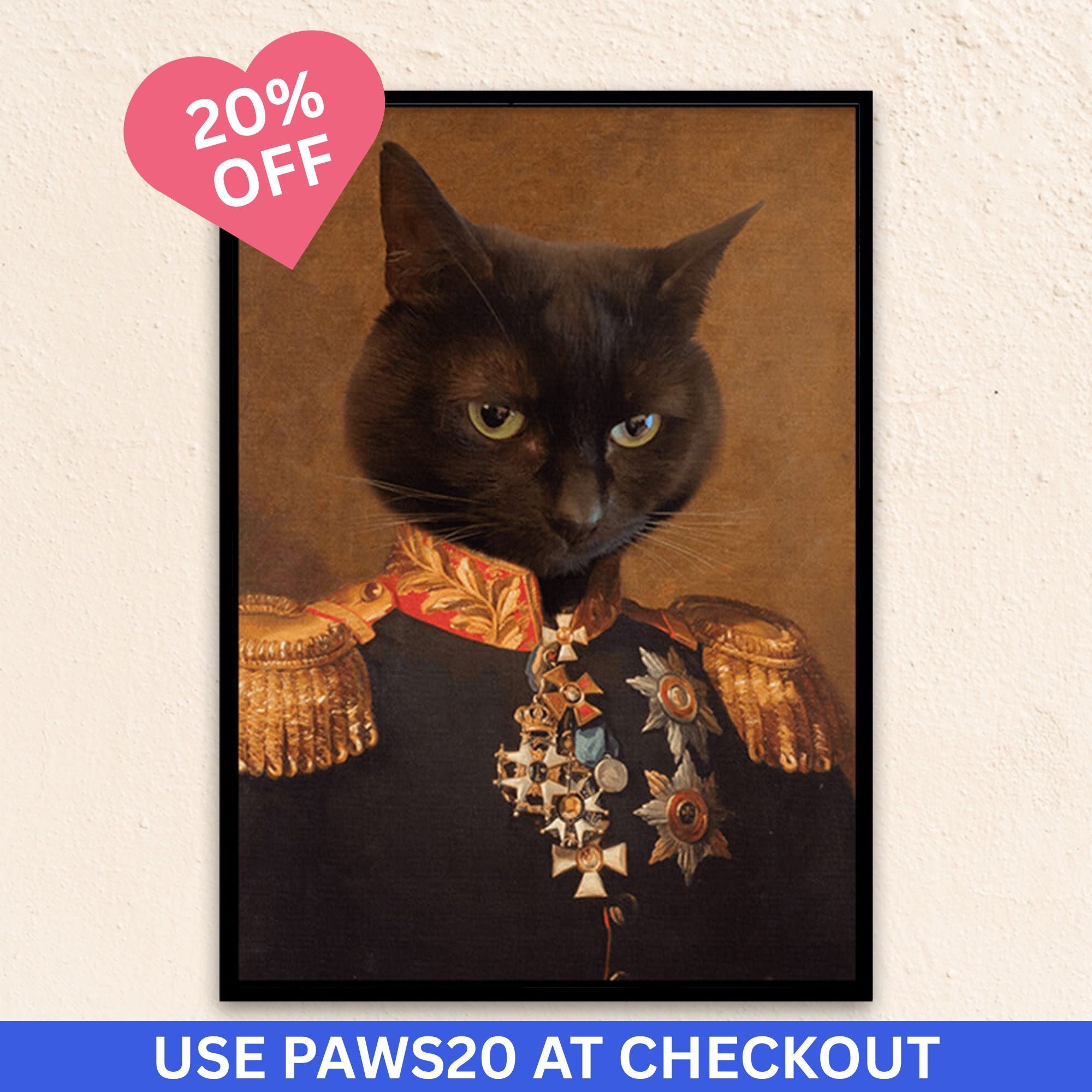 Custom military pet portrait wall art. Black cat wearing regal general suit, with red and gold collar and medals. 