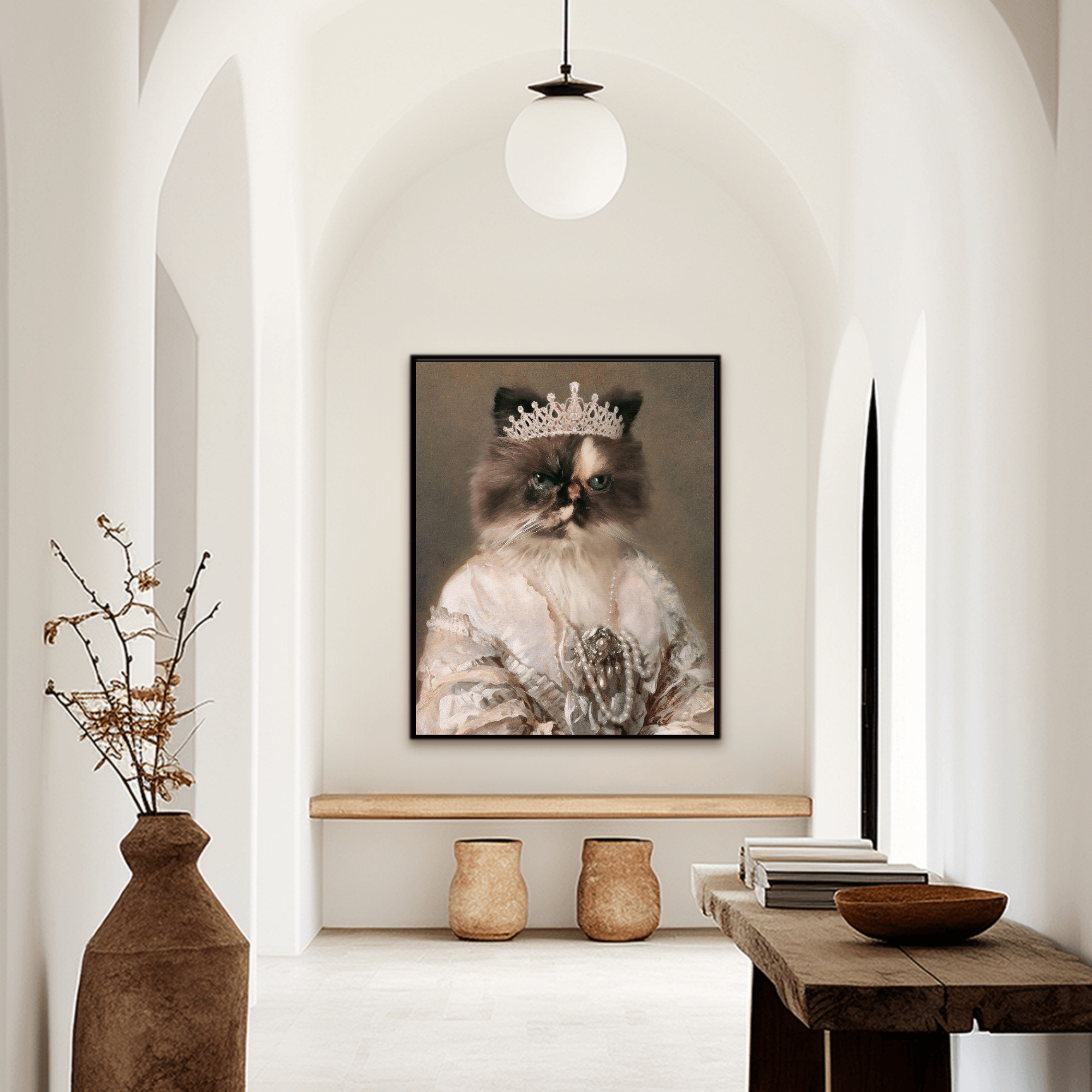 Custom royal cat portrait wall art. Persian cat wearing diamond crown and regal dress with pearls.