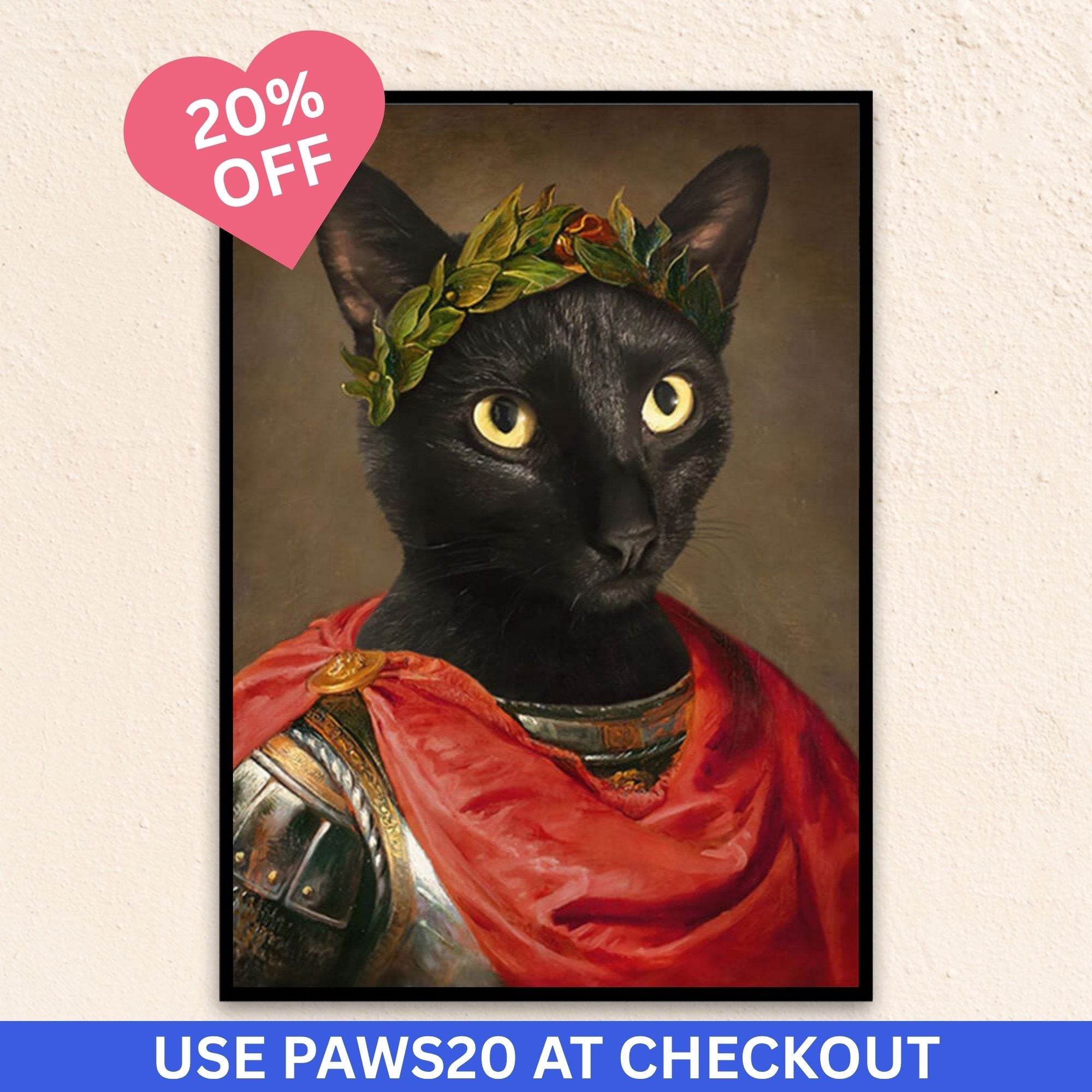 Custom royal pet portrait wall art. Black cat wearing roman military attire with red cape and leaf crown. 