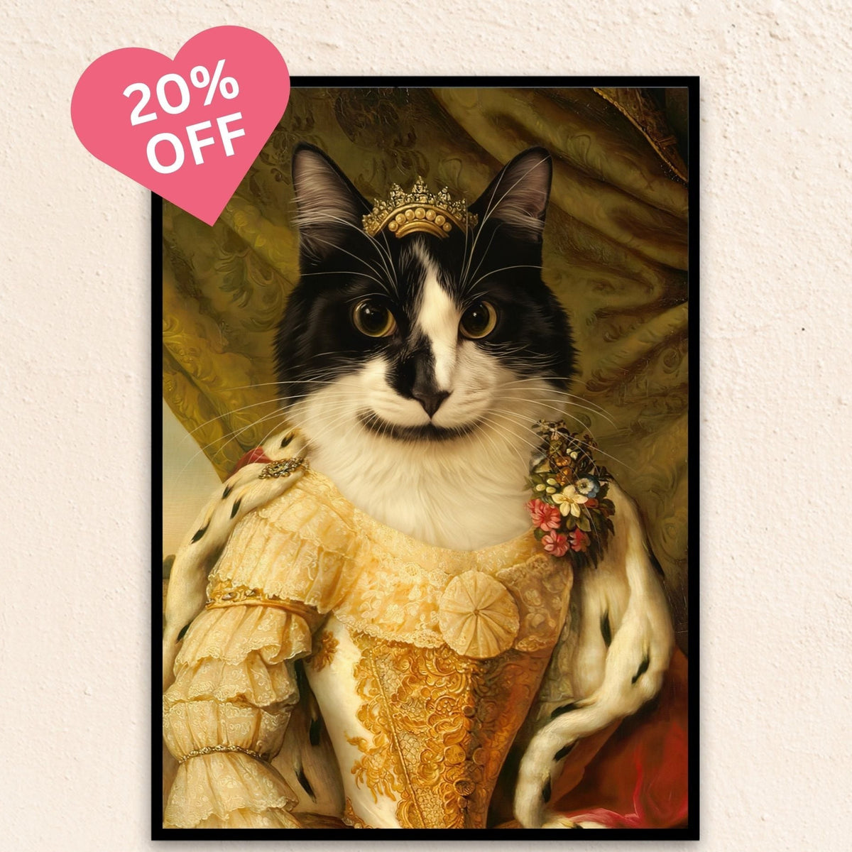 Custom regal pet portrait wall art. Black and white cat in a renaissance dress, gold crown, and red cape.