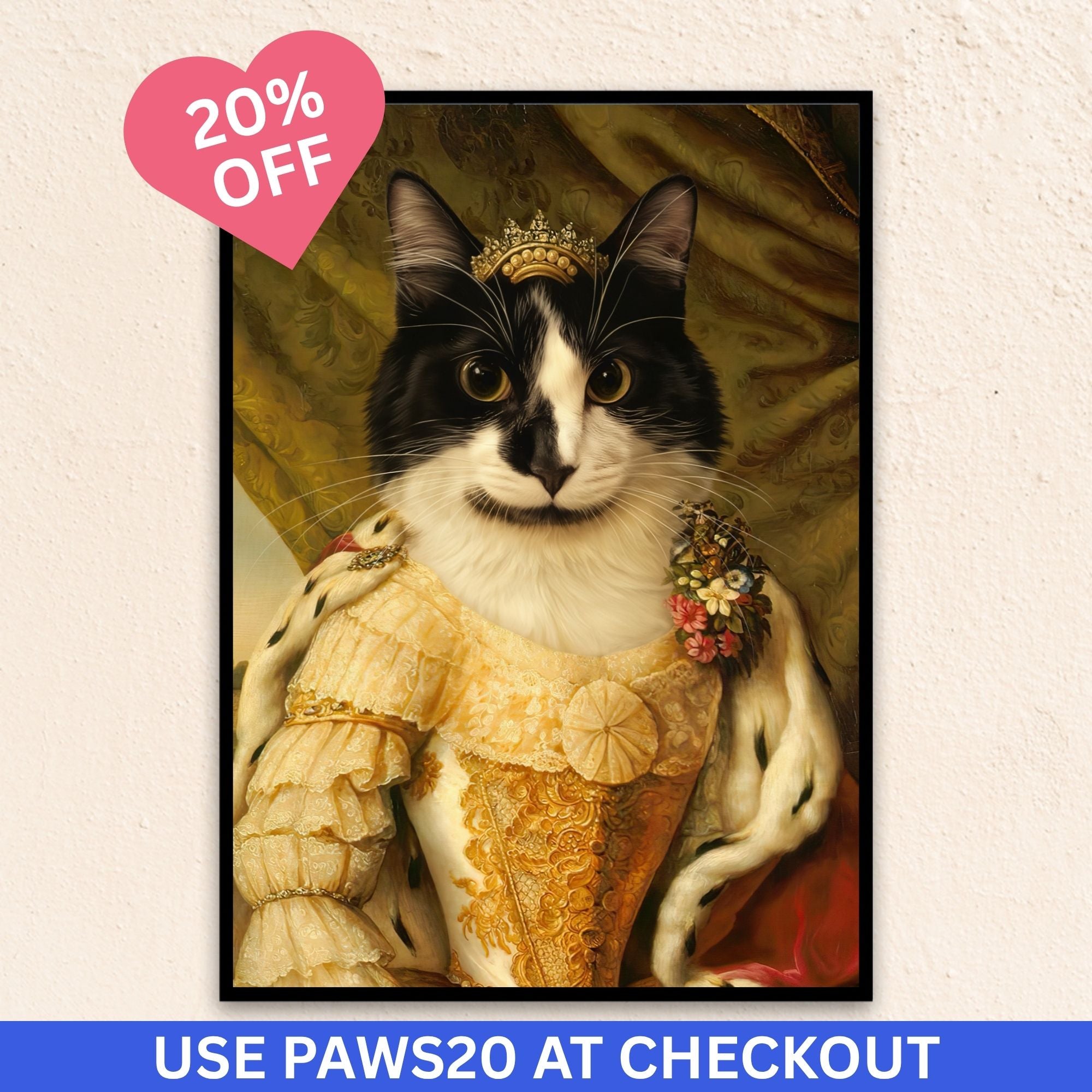 Custom regal pet portrait wall art. Black and white cat in a renaissance dress, gold crown, and red cape.
