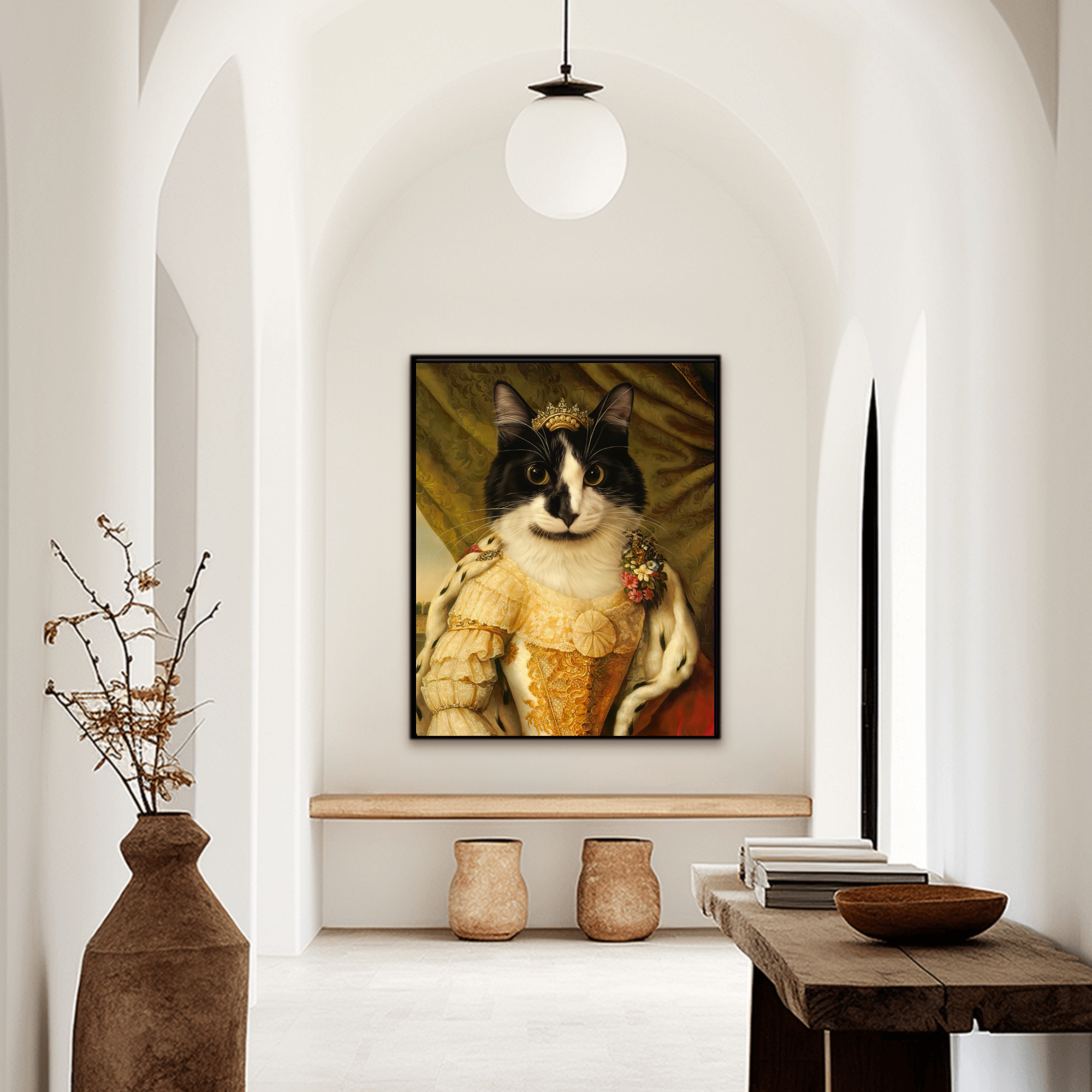 Framed Gilded Queen custom regal cat portrait displayed in a hallway, showcasing its elegant design and warm, royal presence as wall art.