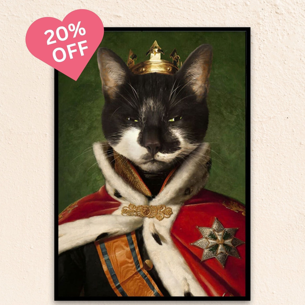 Custom royal pet portrait wall art. Black and white cat wearing a King's crown and regal red cape.