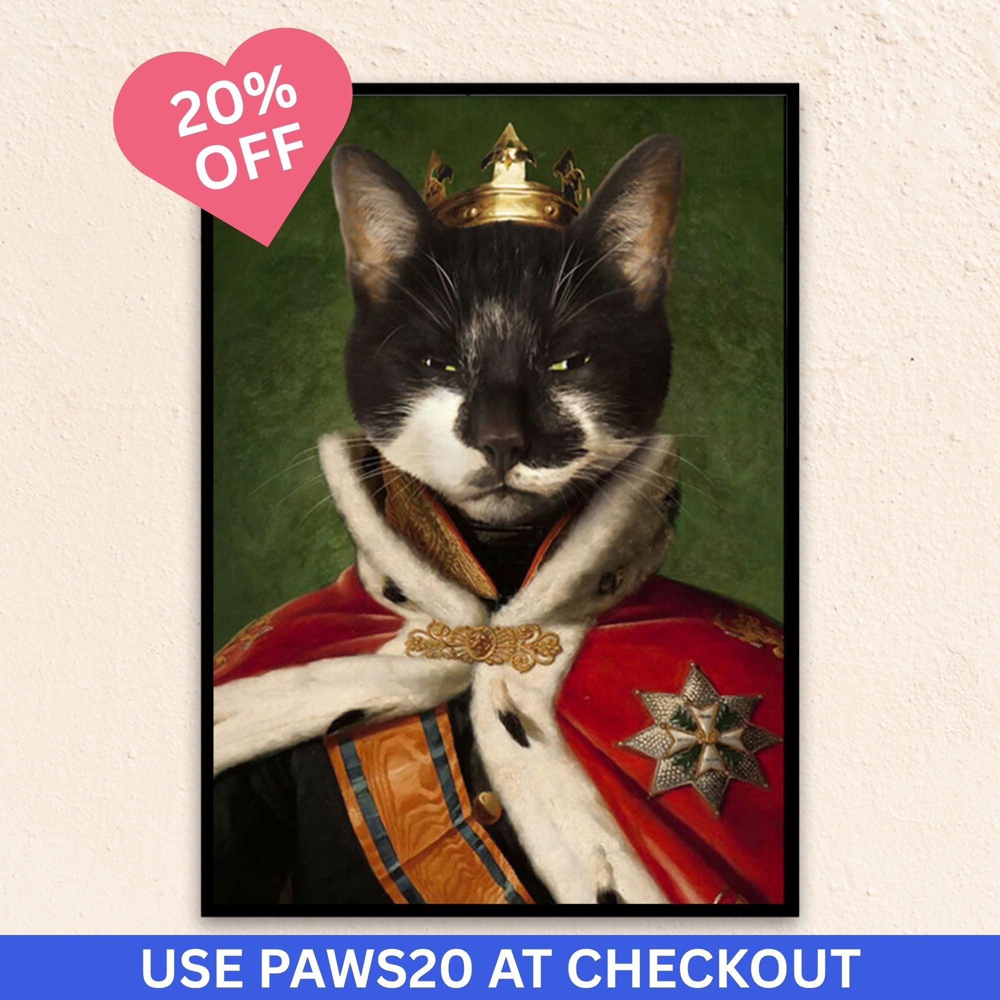 Custom royal pet portrait wall art. Black and white cat wearing a King's crown and regal red cape.