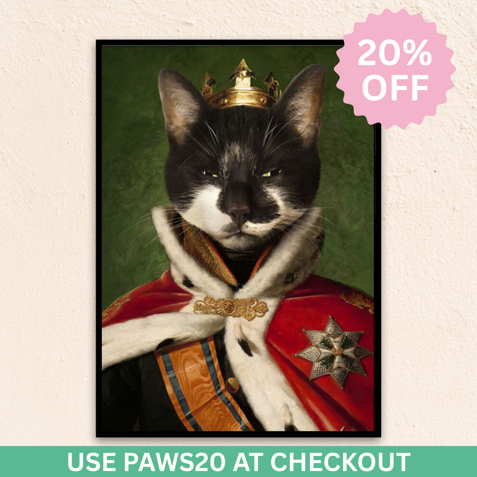Custom royal pet portrait wall art. Black and white cat wearing a King's crown and regal red cape.