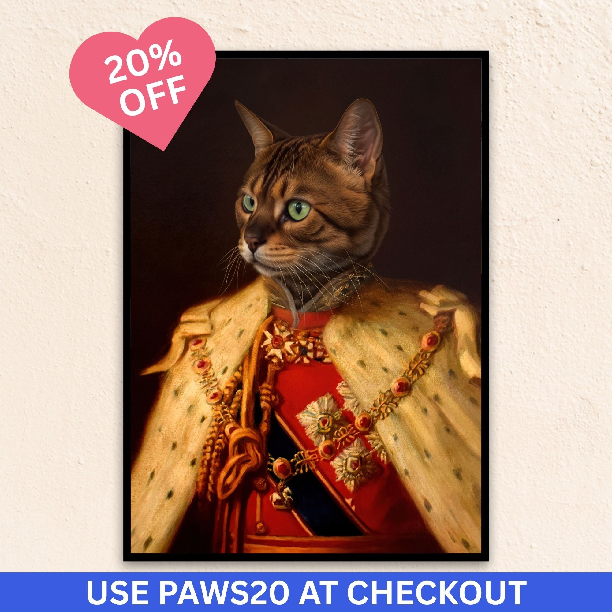Custom royal pet portrait wall art. Dog in renaissance king's military costume with fur cape.