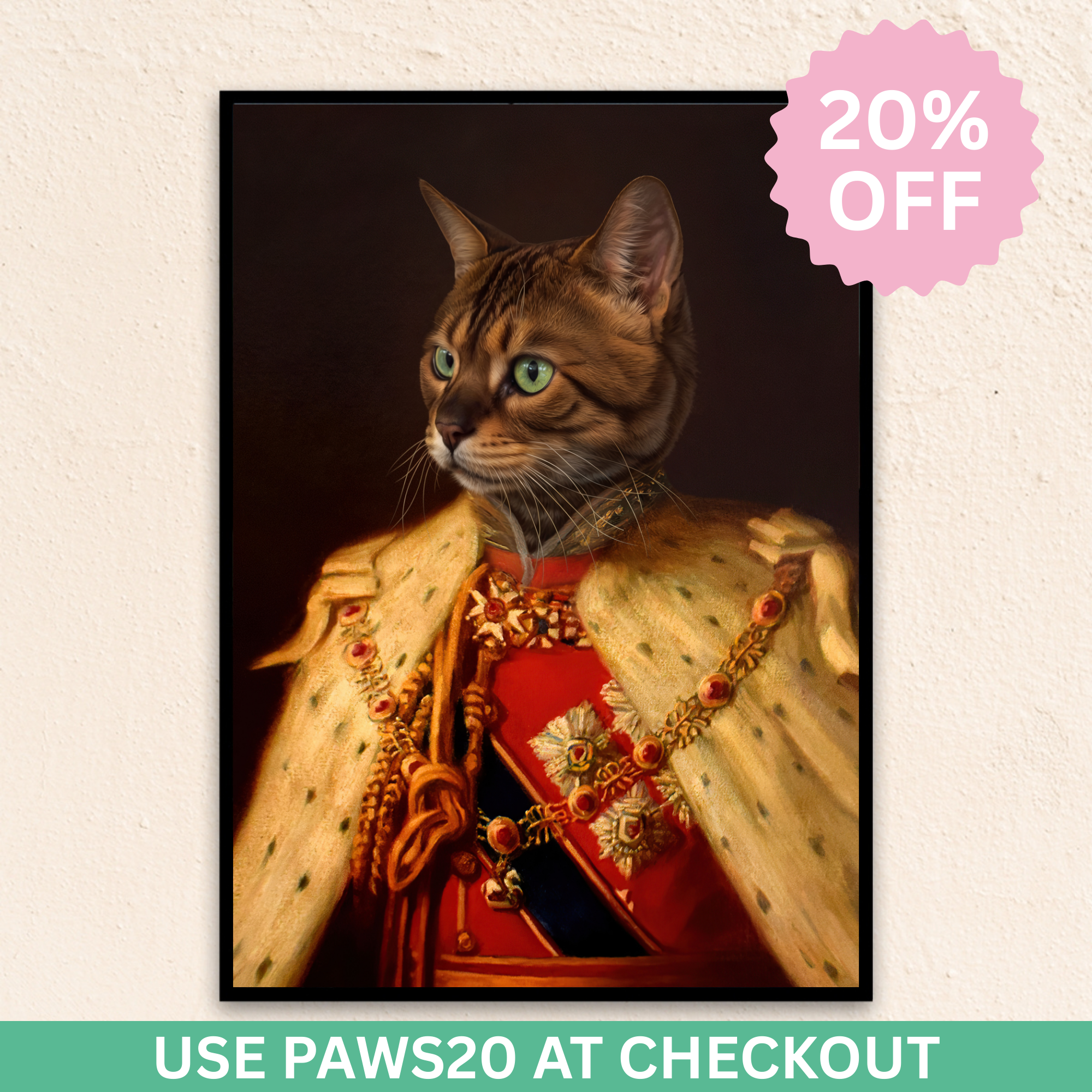 Custom royal pet portrait wall art. Dog in renaissance king's military costume with fur cape.