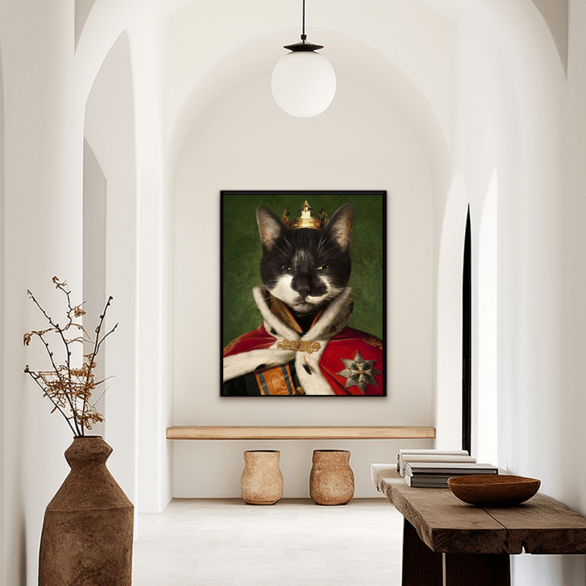 Custom royal pet portrait hallway wall art. Black and white cat wehalaring a King's crown and regal red cape.