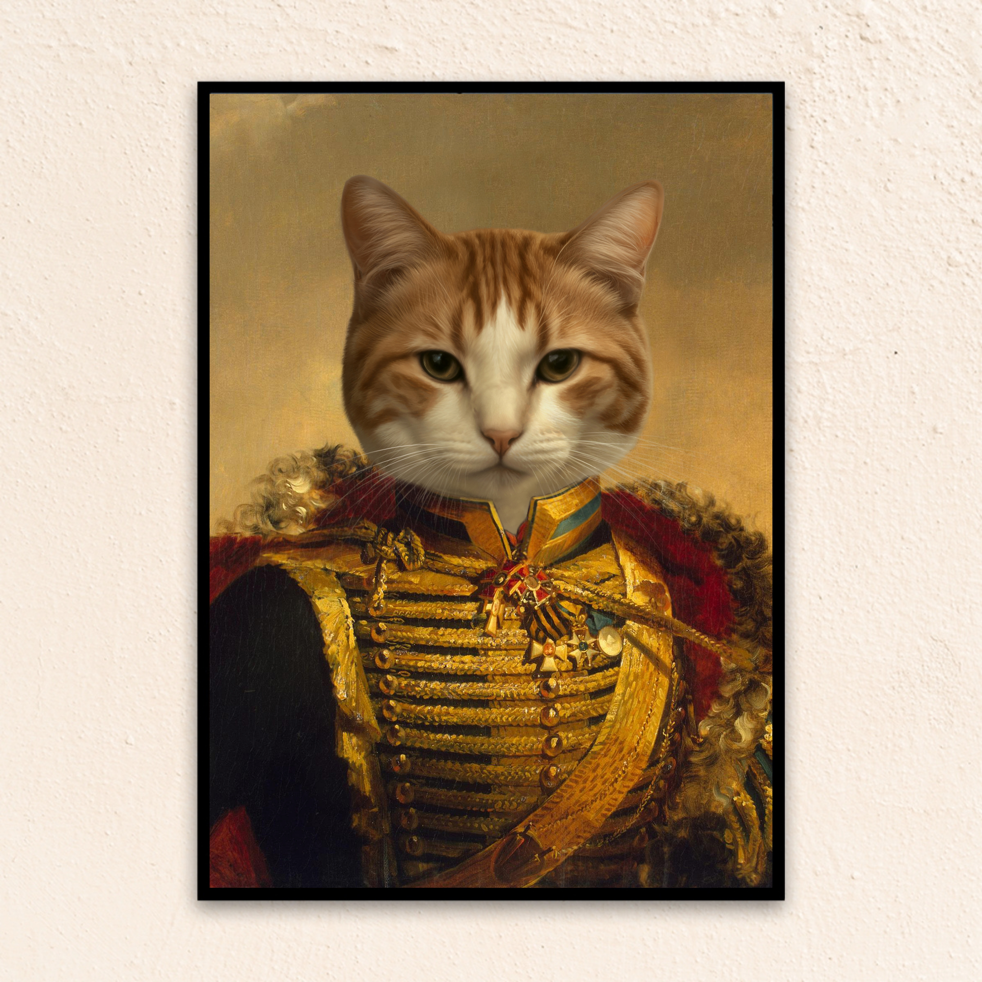 Custom royal pet portrait wall art. Shih Tzu dog wearing renaissance royal costume with gold sash and red and gold collar. 