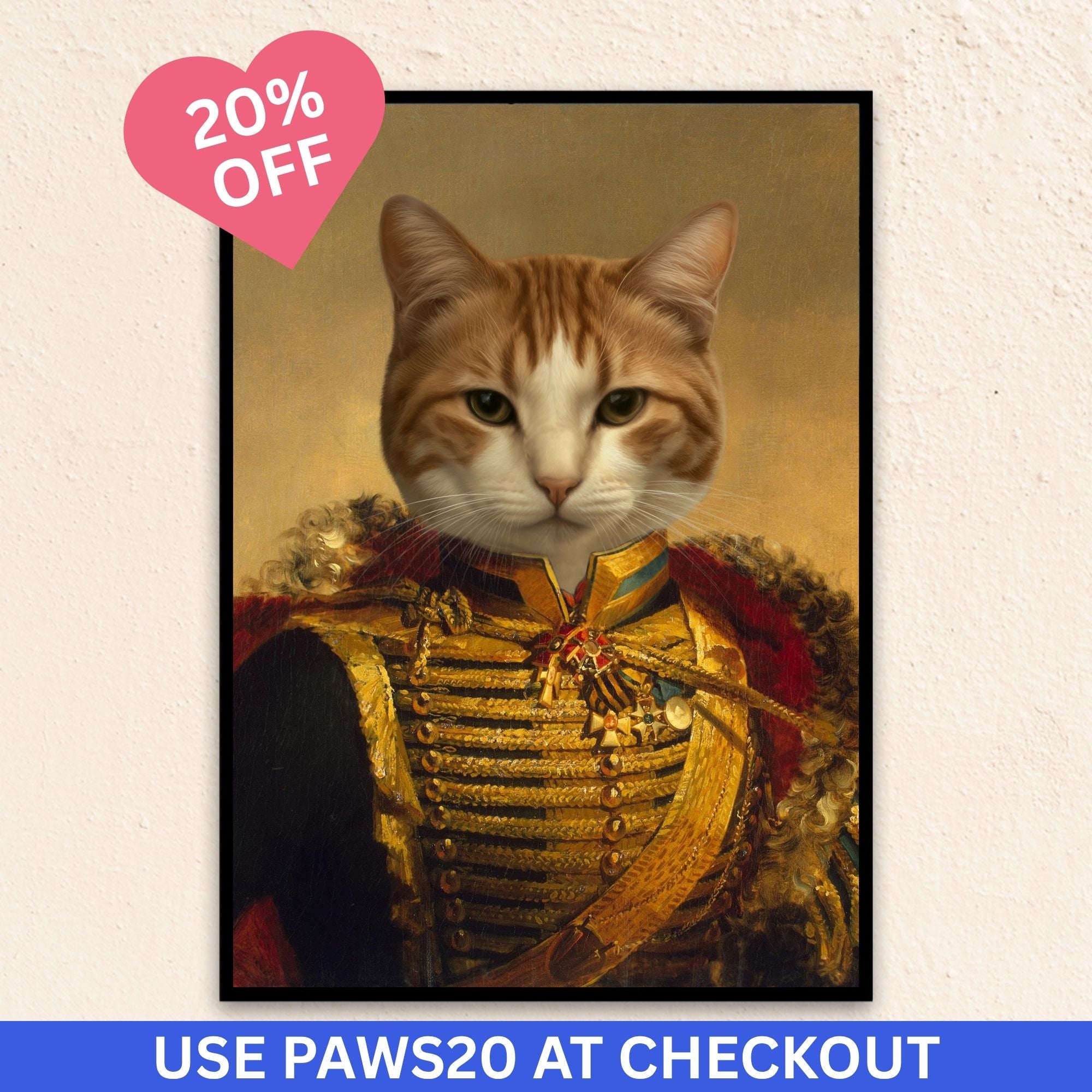 Custom royal pet portrait wall art. Shih Tzu dog wearing renaissance royal costume with gold sash and red and gold collar. 