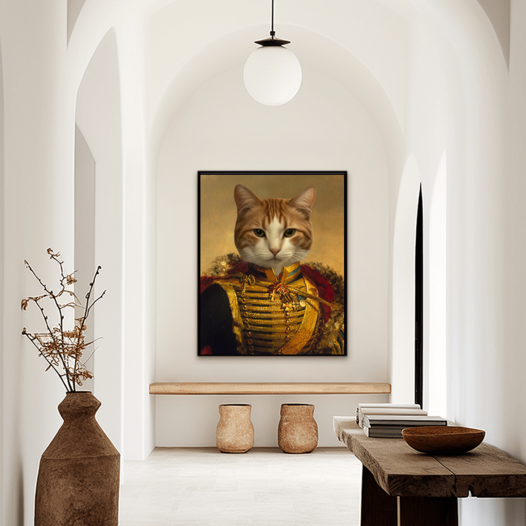 Custom royal pet portrait hallway wall art. Shih Tzu dog wearing renaissance royal costume with gold sash and red and gold collar. 