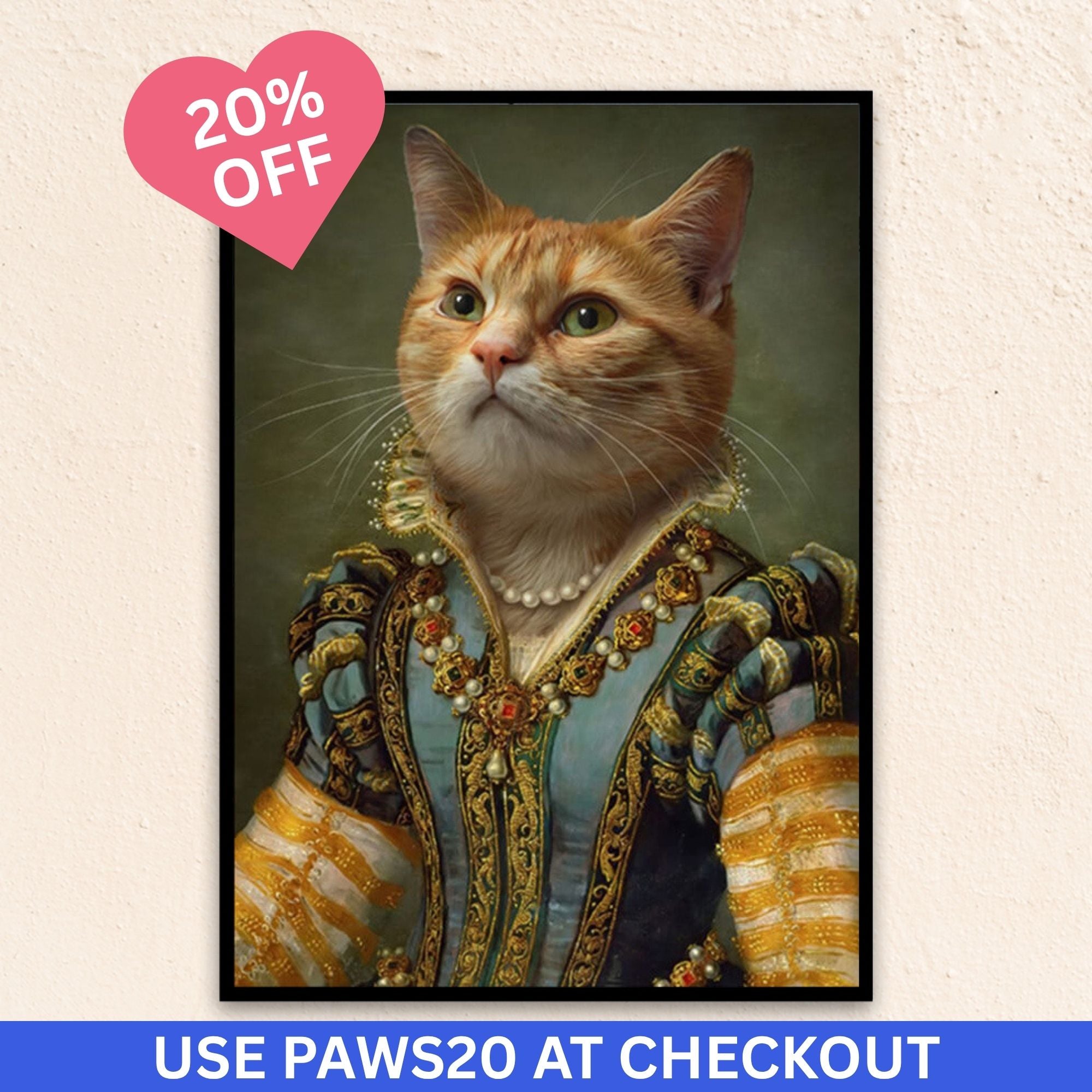 Custom regal pet portrait wall art. Orange tabby cat in renaissance dress with pearl necklace.