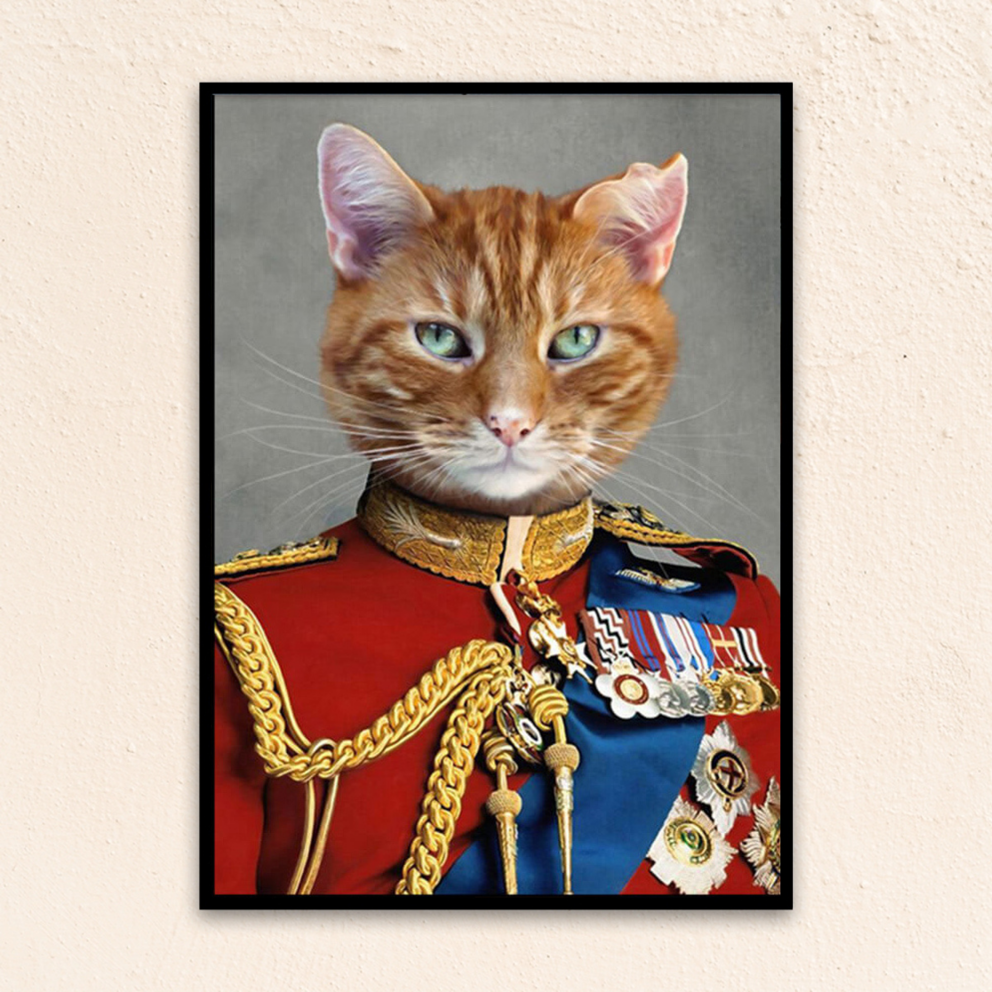 Custom royal pet portrait wall art. Tabby orange cat wearing a regal red English military suit.
