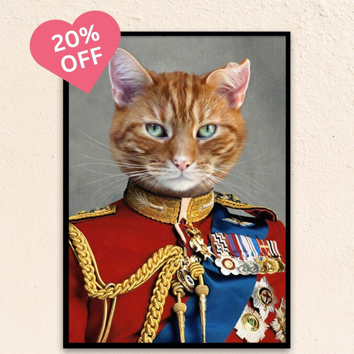 Custom royal pet portrait wall art. Tabby orange cat wearing a regal red English military suit.