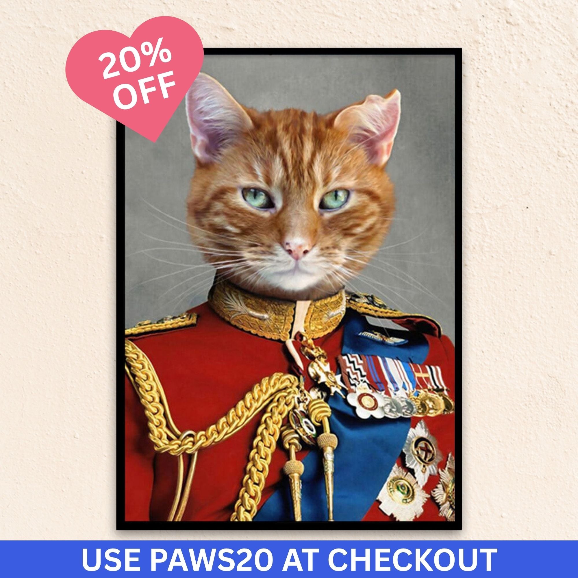 Custom royal pet portrait wall art. Tabby orange cat wearing a regal red English military suit.