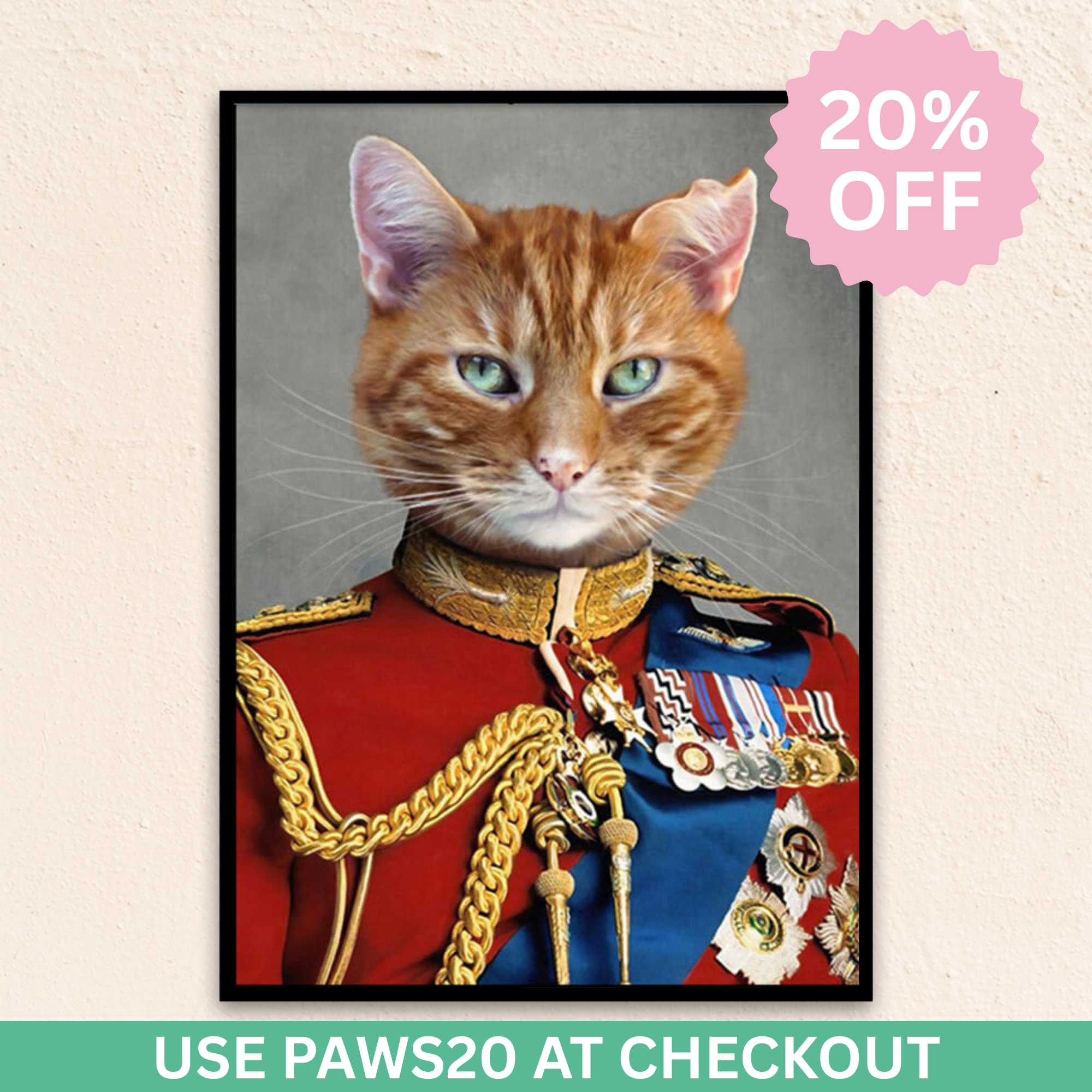 Custom royal pet portrait wall art. Tabby orange cat wearing a regal red English military suit.