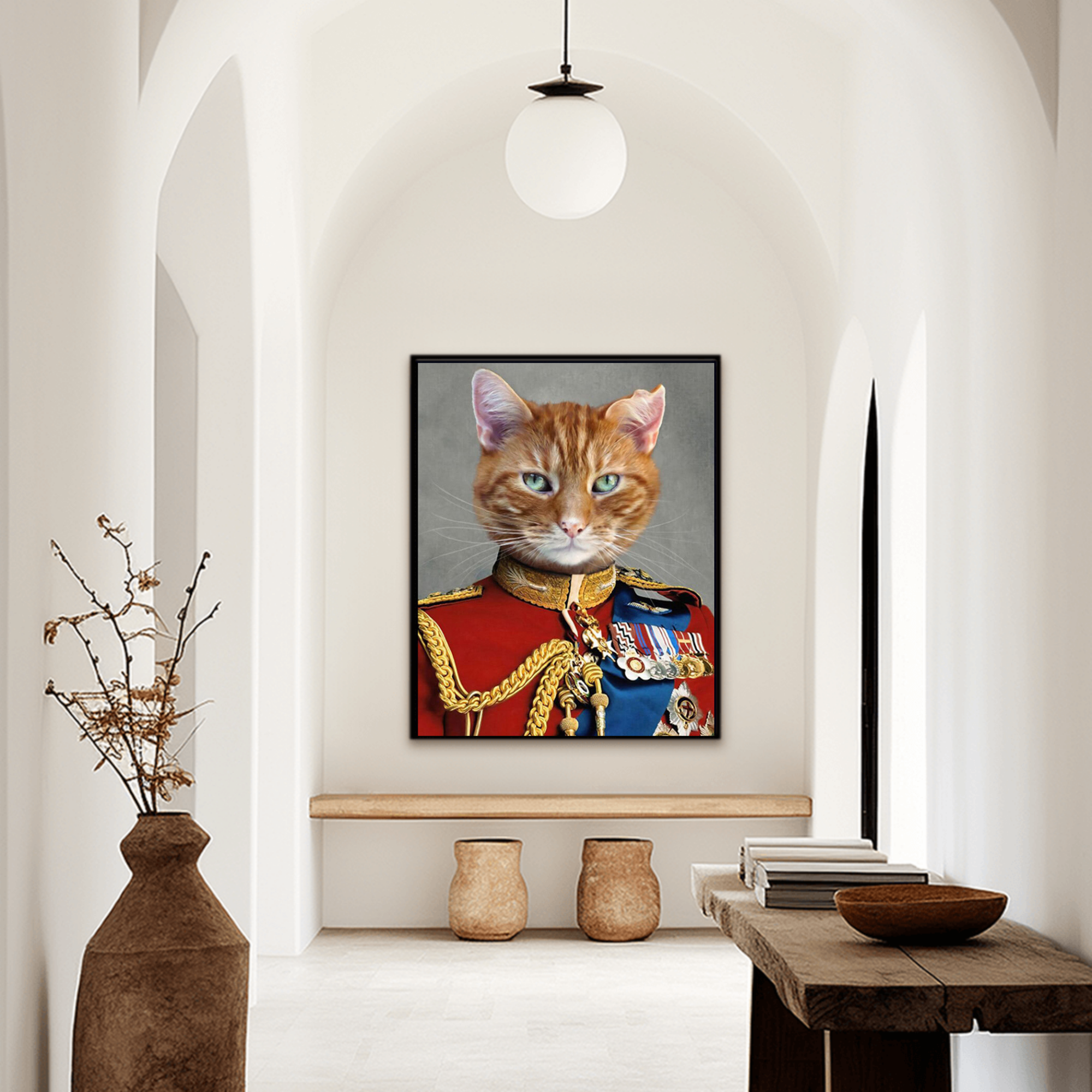 Custom royal pet portrait hallway wall art. Tabby orange cat wearing a regal red English military suit.