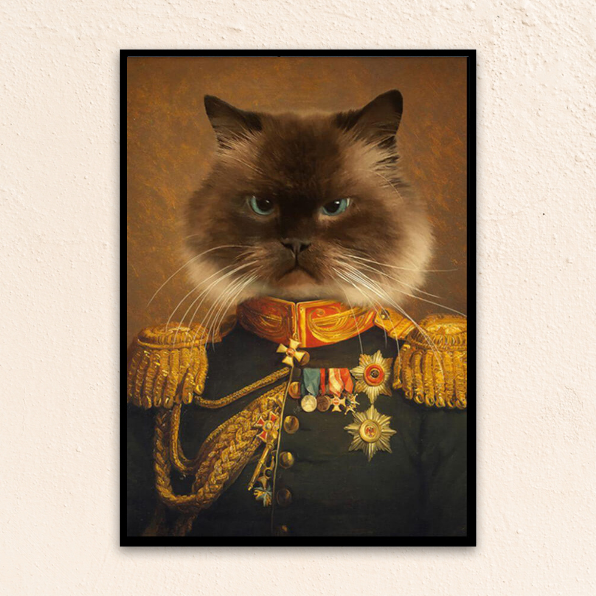 Custom royal pet portrait wall art. Siamese cat wearing renaissance royal costume with medals and red and gold collar. 